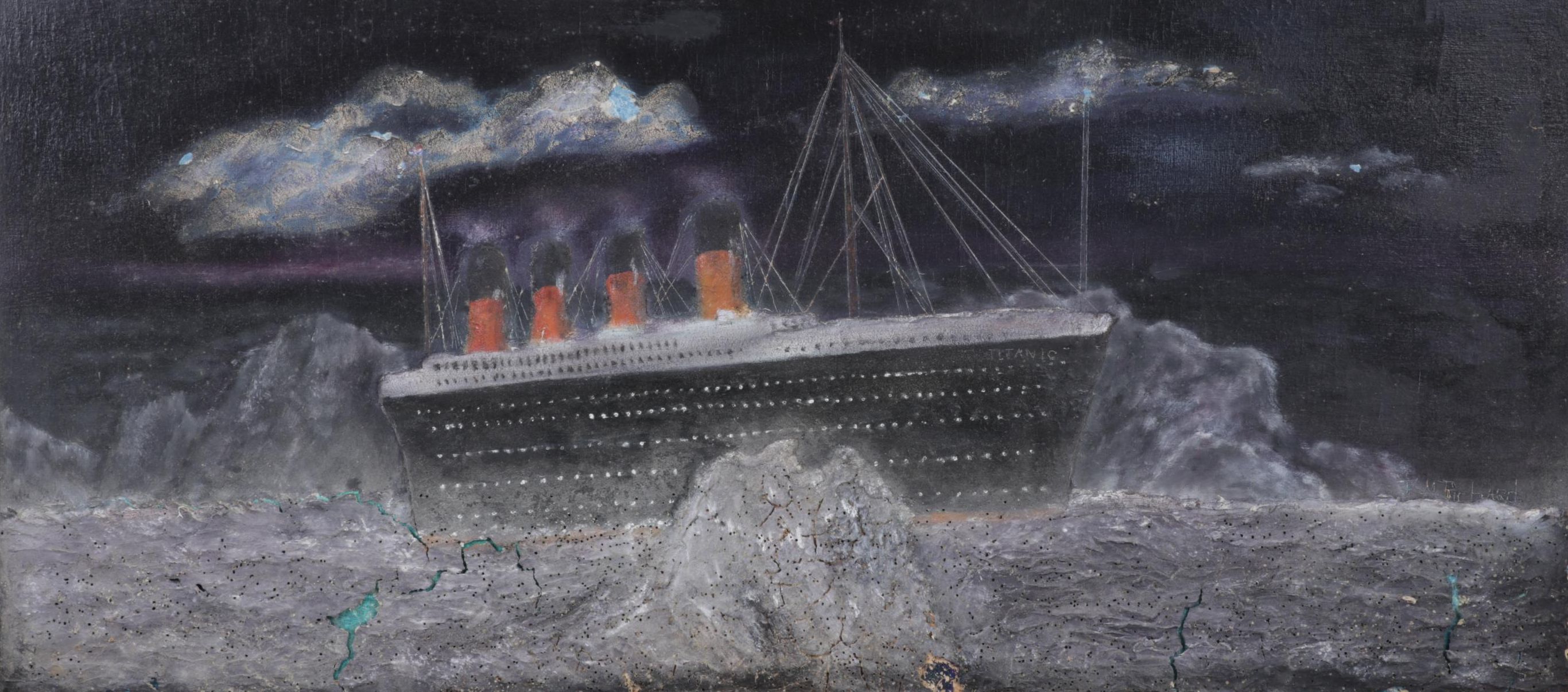 J. M. Richard Mixed Media Painting of Titanic and Icebergs, Late 20th Century