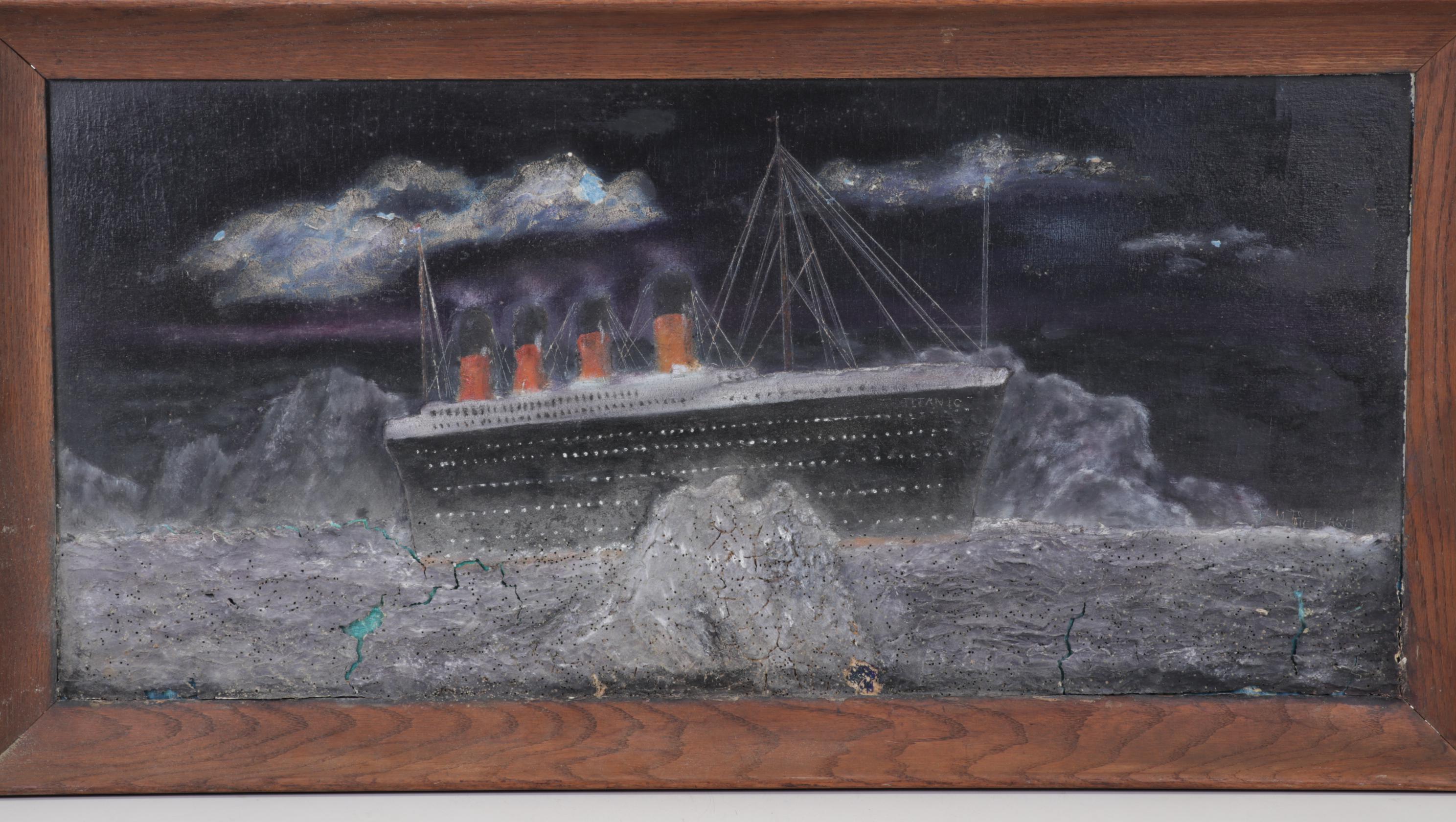 J. M. Richard Mixed Media Painting of Titanic and Icebergs, Late 20th Century