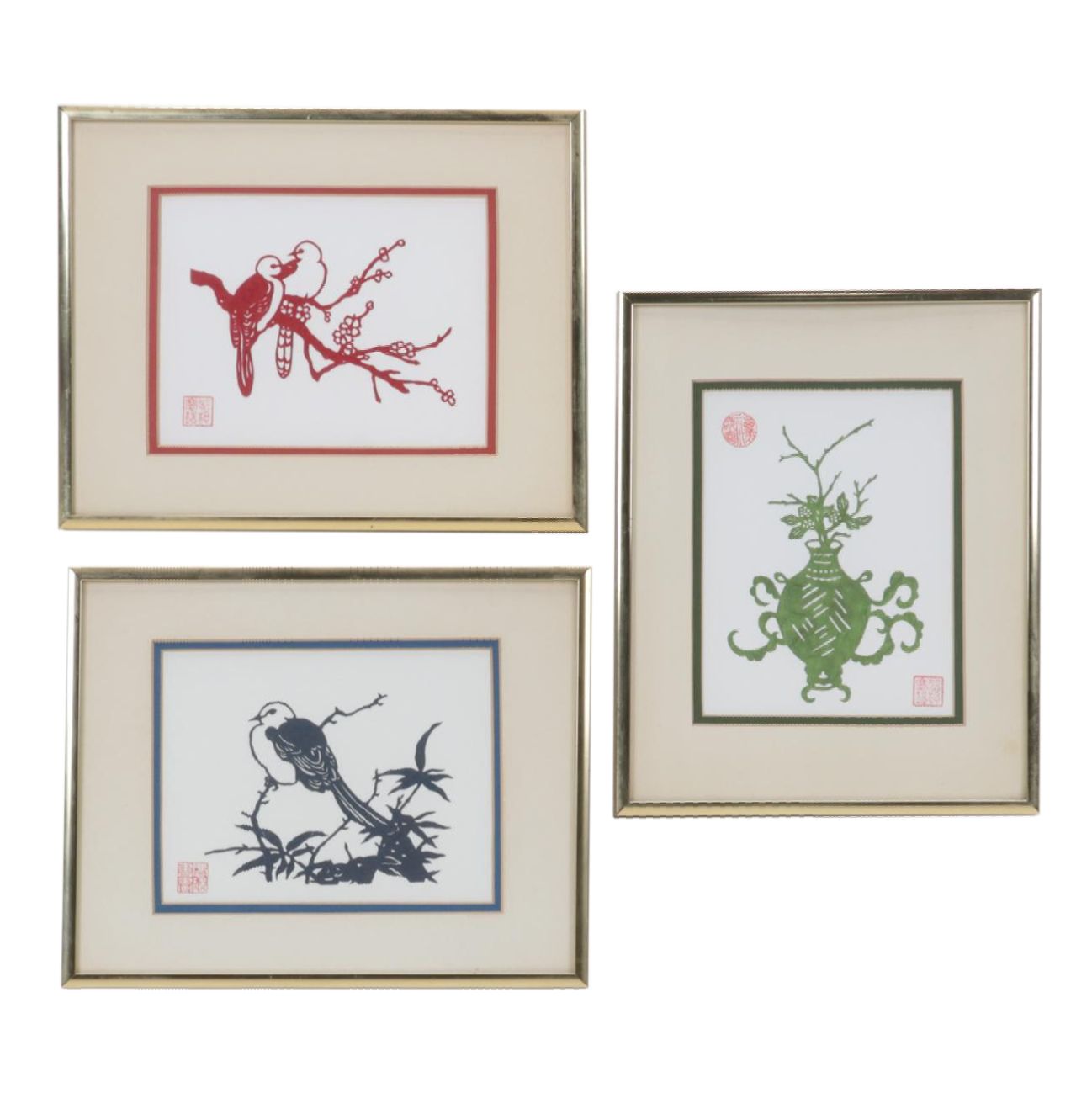 Chinese Paper Cut Outs of Birds and Potted Plant