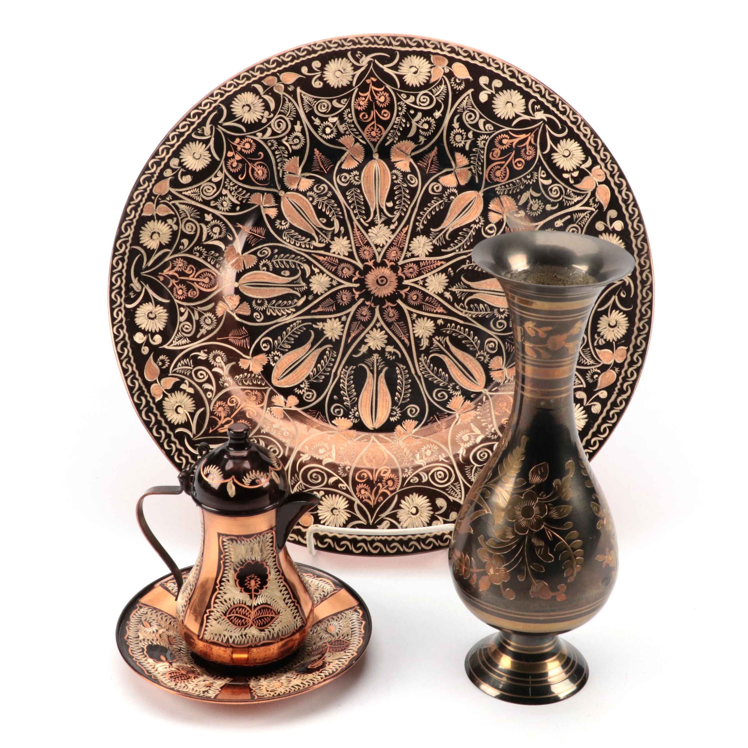 Turkish Etched Copper Trays and Creamer with Etched Metal Floral Vase