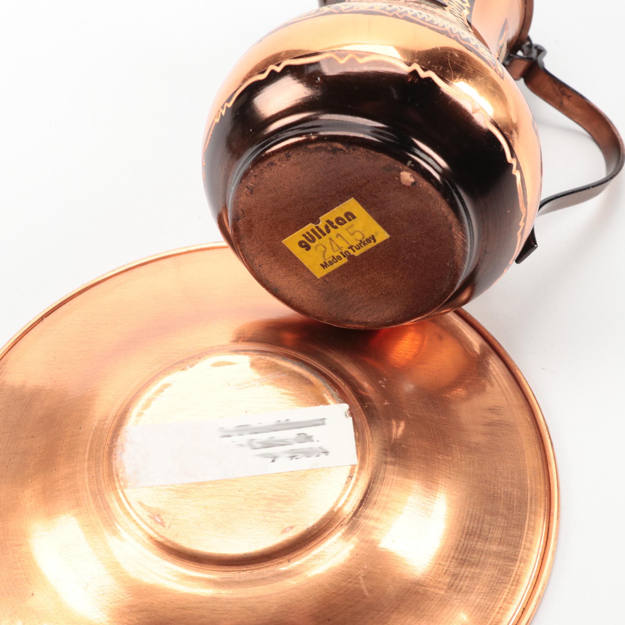 Turkish Etched Copper Trays and Creamer with Etched Metal Floral Vase