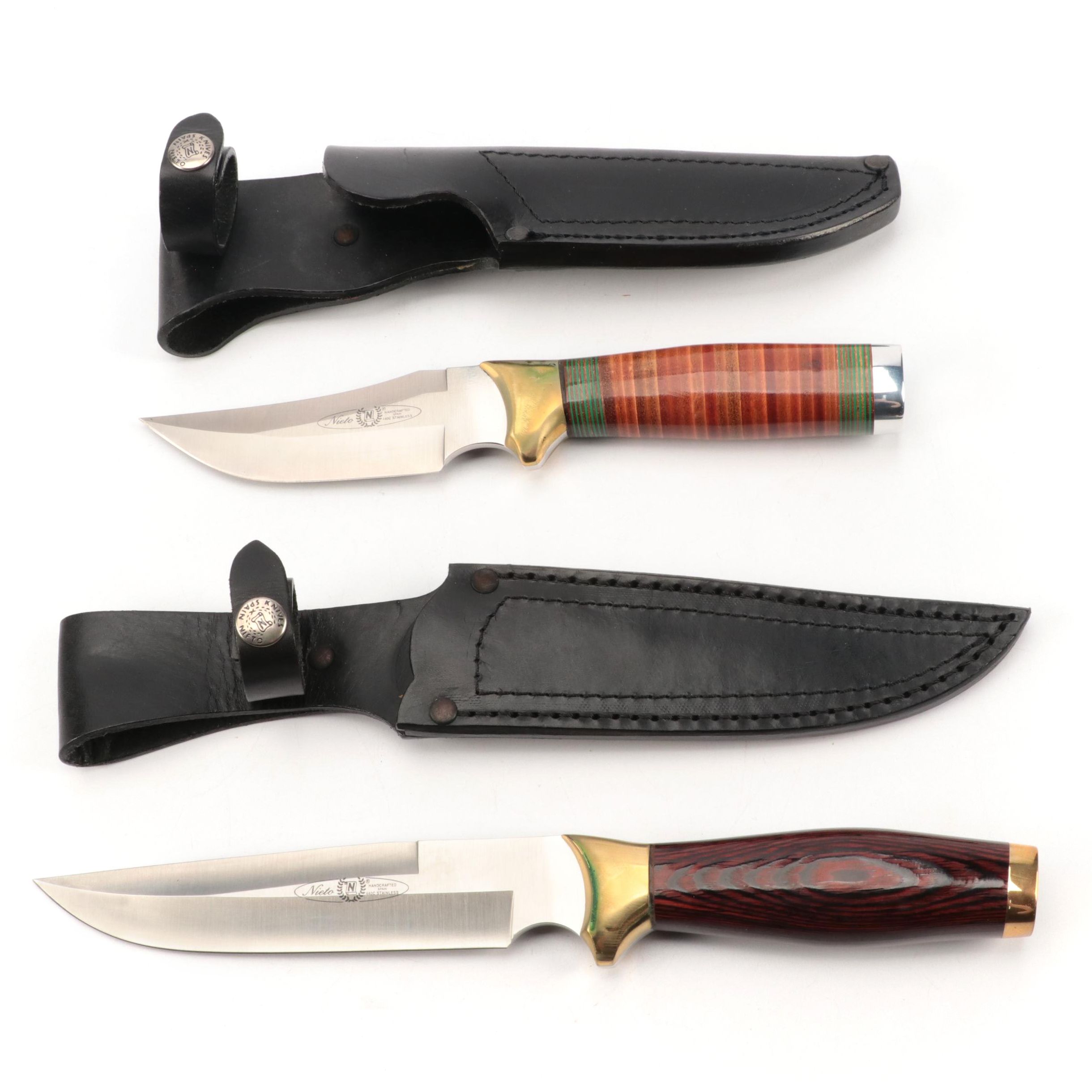 Nieto Leather and Wooden Handled Fixed Blade Knives with Scabbards