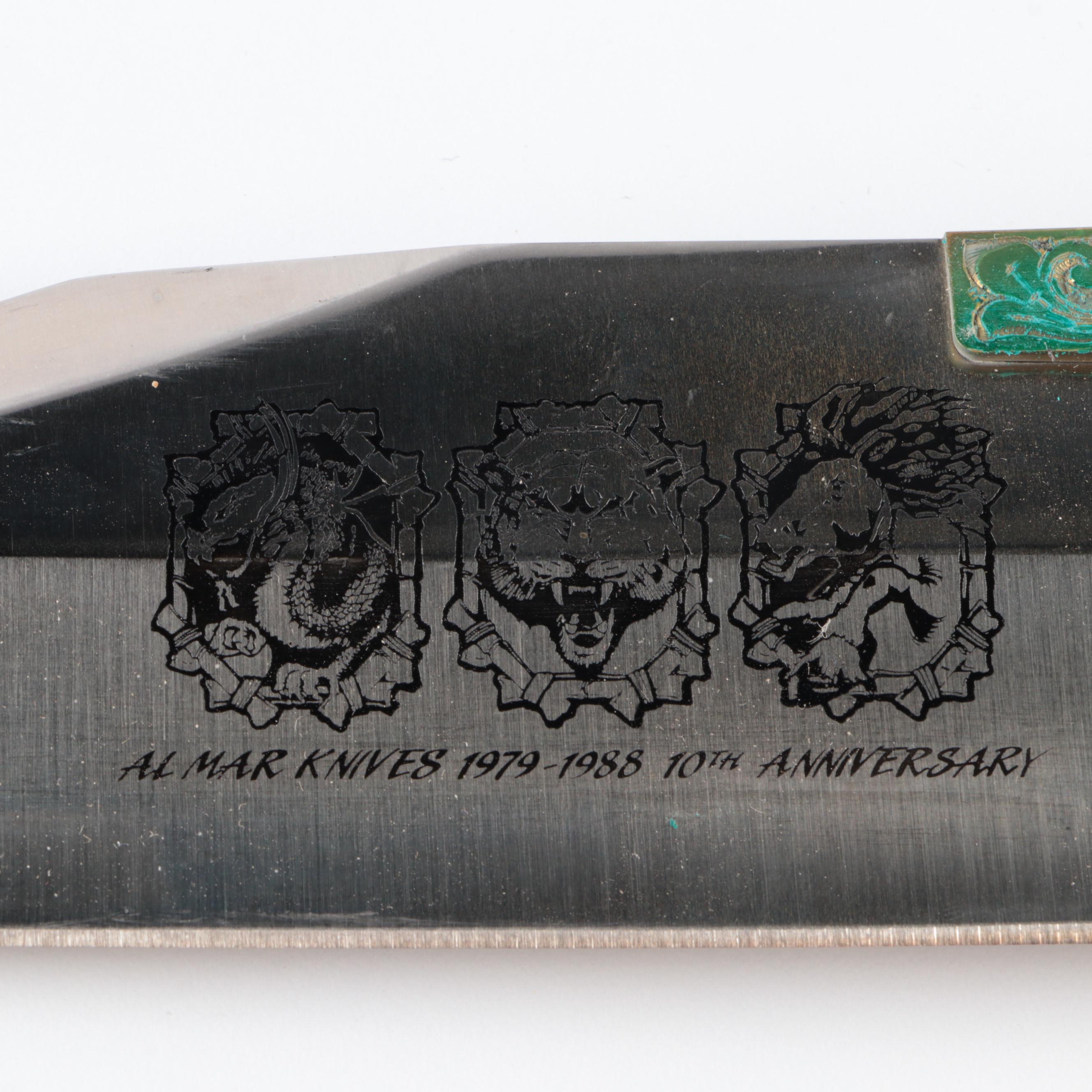 Almar 10th Anniversary Stainless Steel Bowie Knife with Leather Scabbard, 1988