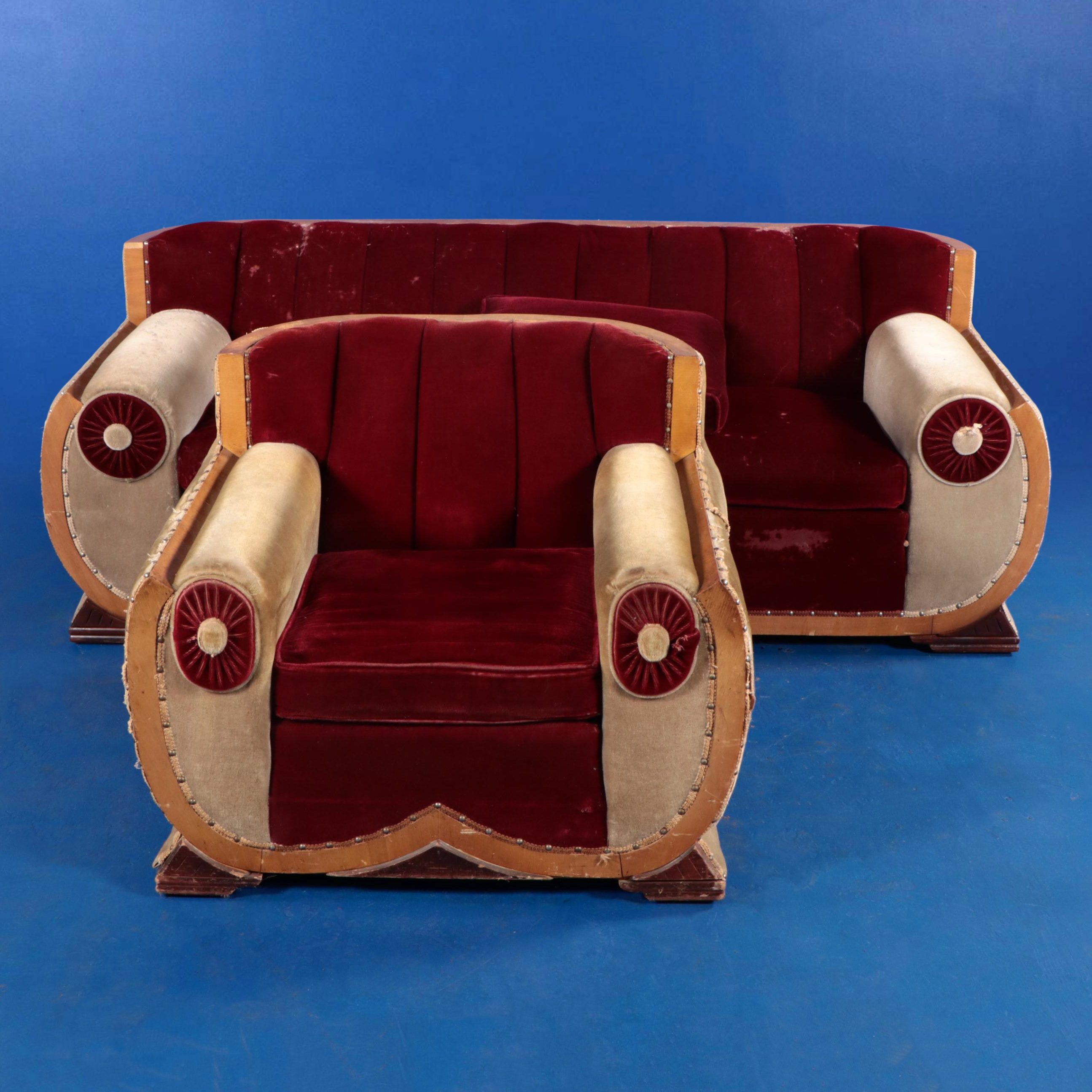 Hausske-Harlen Art Deco Style Upholstered Sofa and Armchair, 1950s