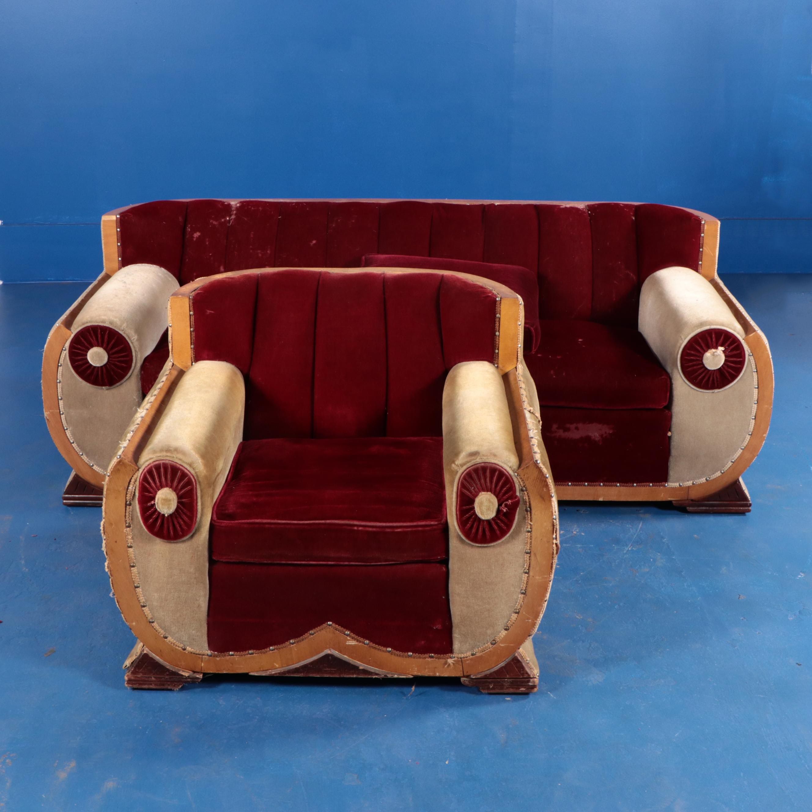 Hausske-Harlen Art Deco Style Upholstered Sofa and Armchair, 1950s