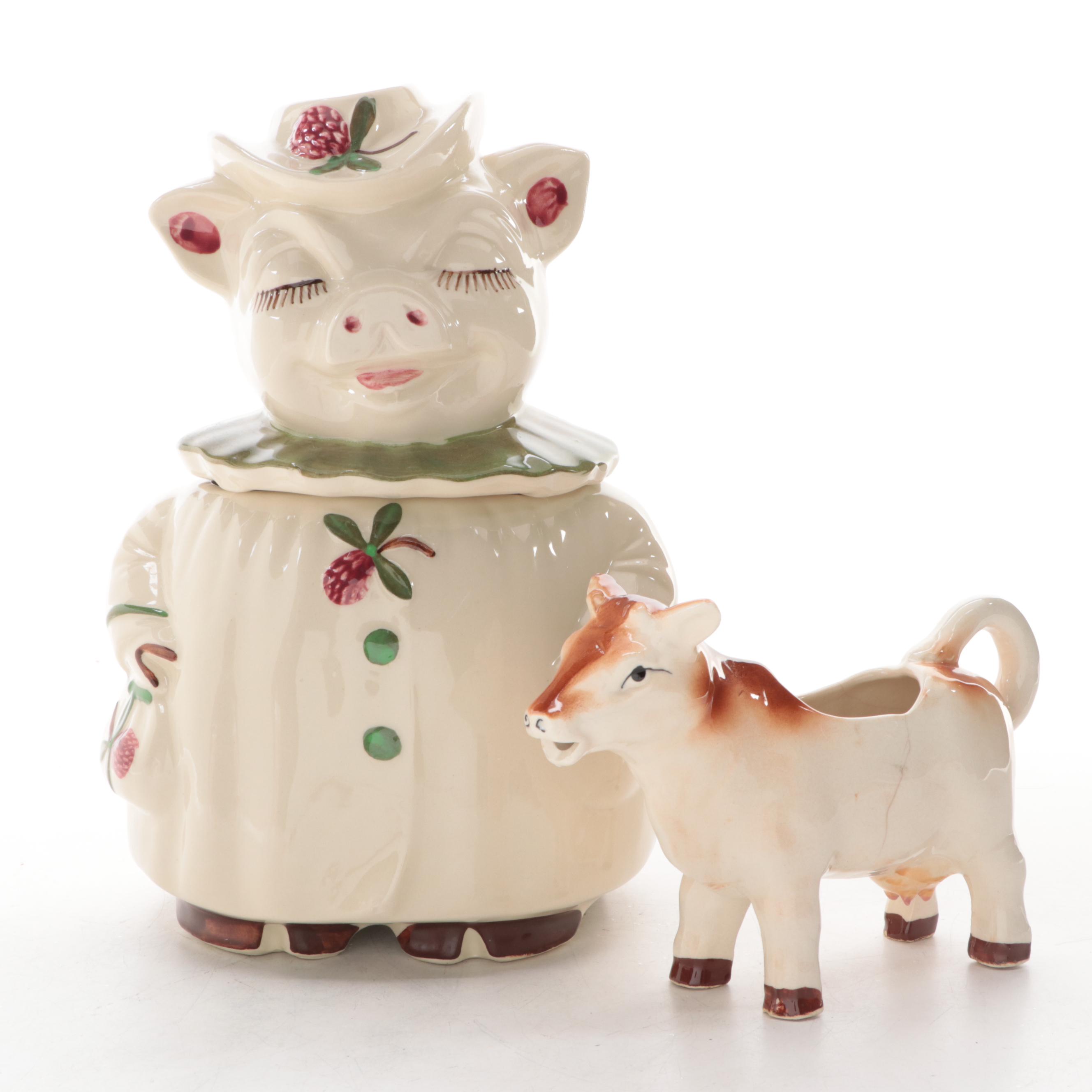 Shawnee "Winnie" Pig Cookie Jar with Green Collar and Cow Gravy Boat