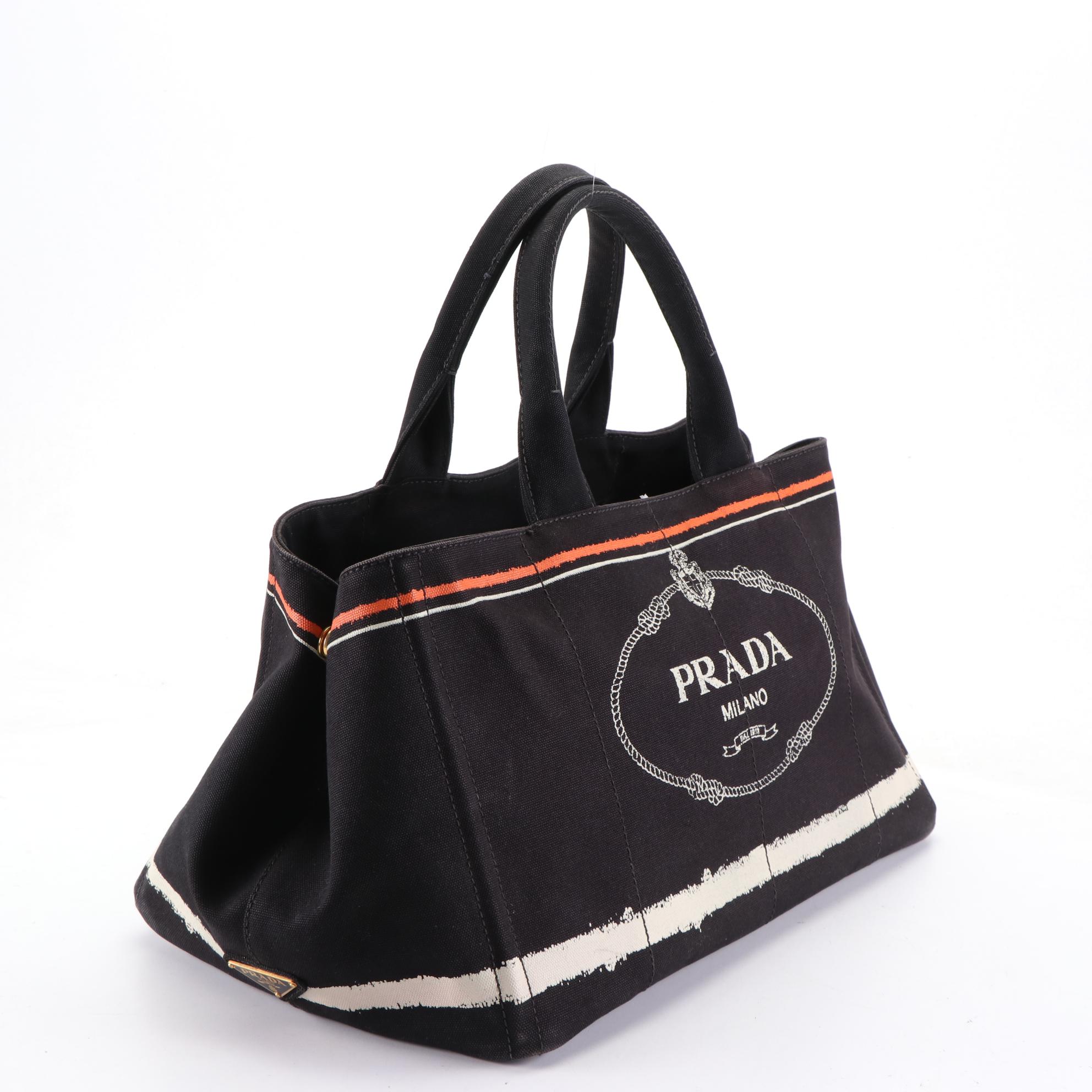 Prada Canapa Logo Tote in Black Canvas with Orange and White Stripe