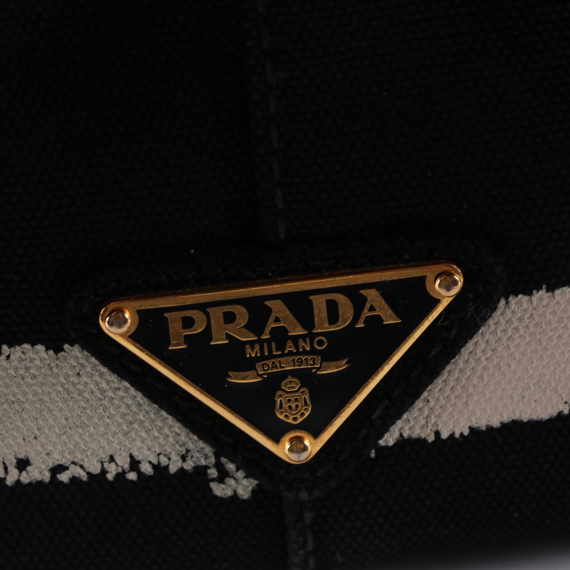 Prada Canapa Logo Tote in Black Canvas with Orange and White Stripe