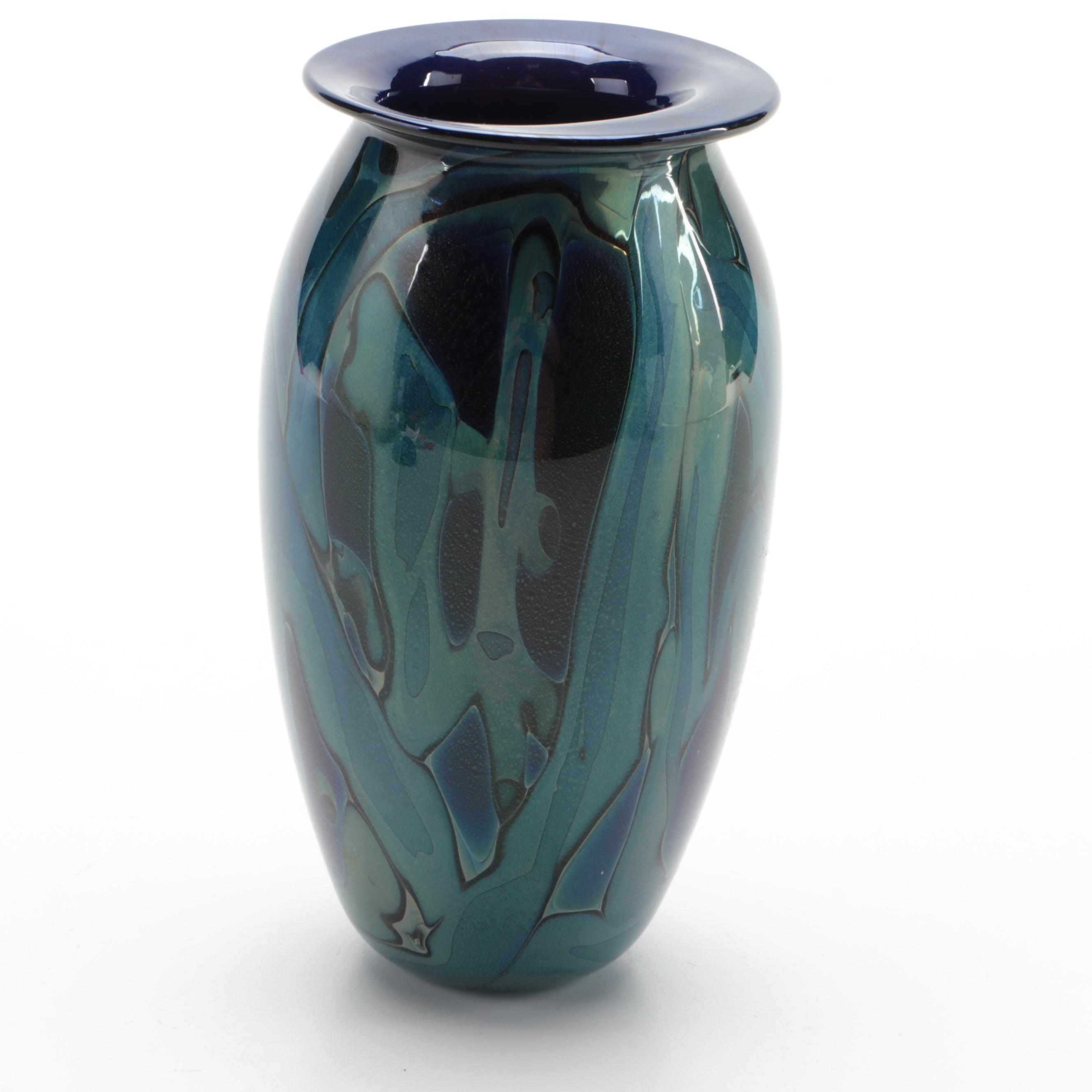 Robert Eickholt Iridescent Hand Blown Art Glass Vase, 1998