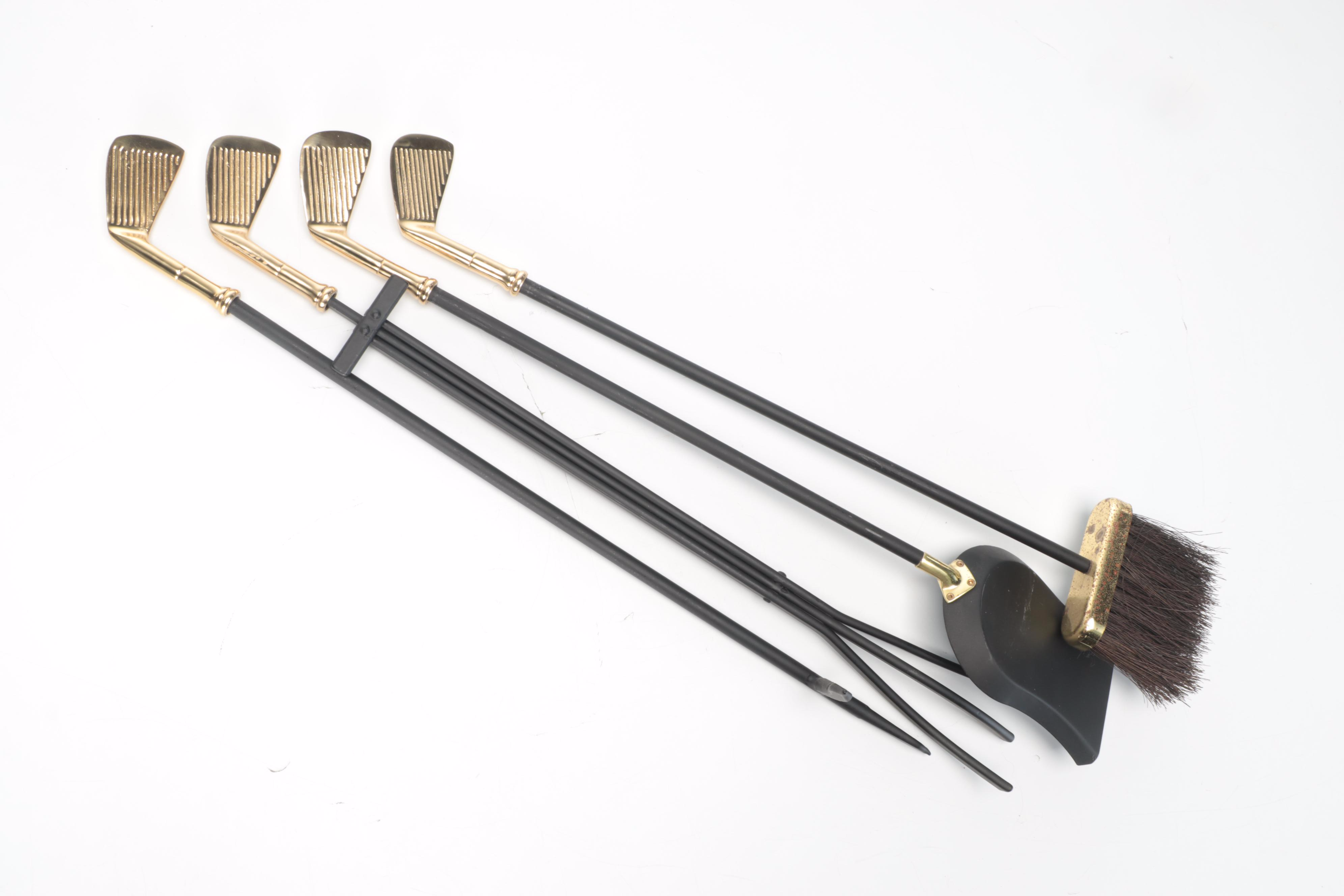 Brass and Cast Iron Golf Themed Fireplace Tool Set