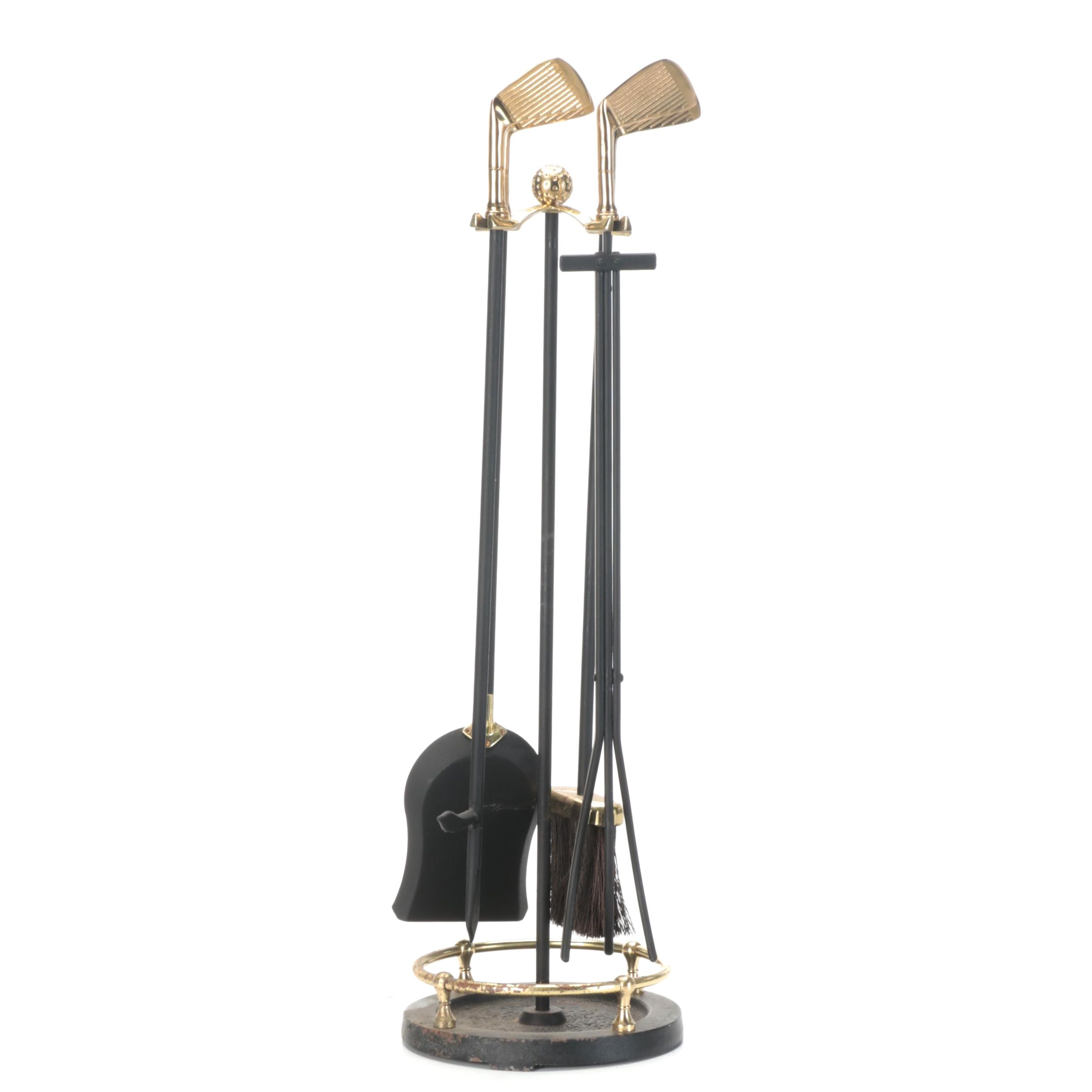 Brass and Cast Iron Golf Themed Fireplace Tool Set