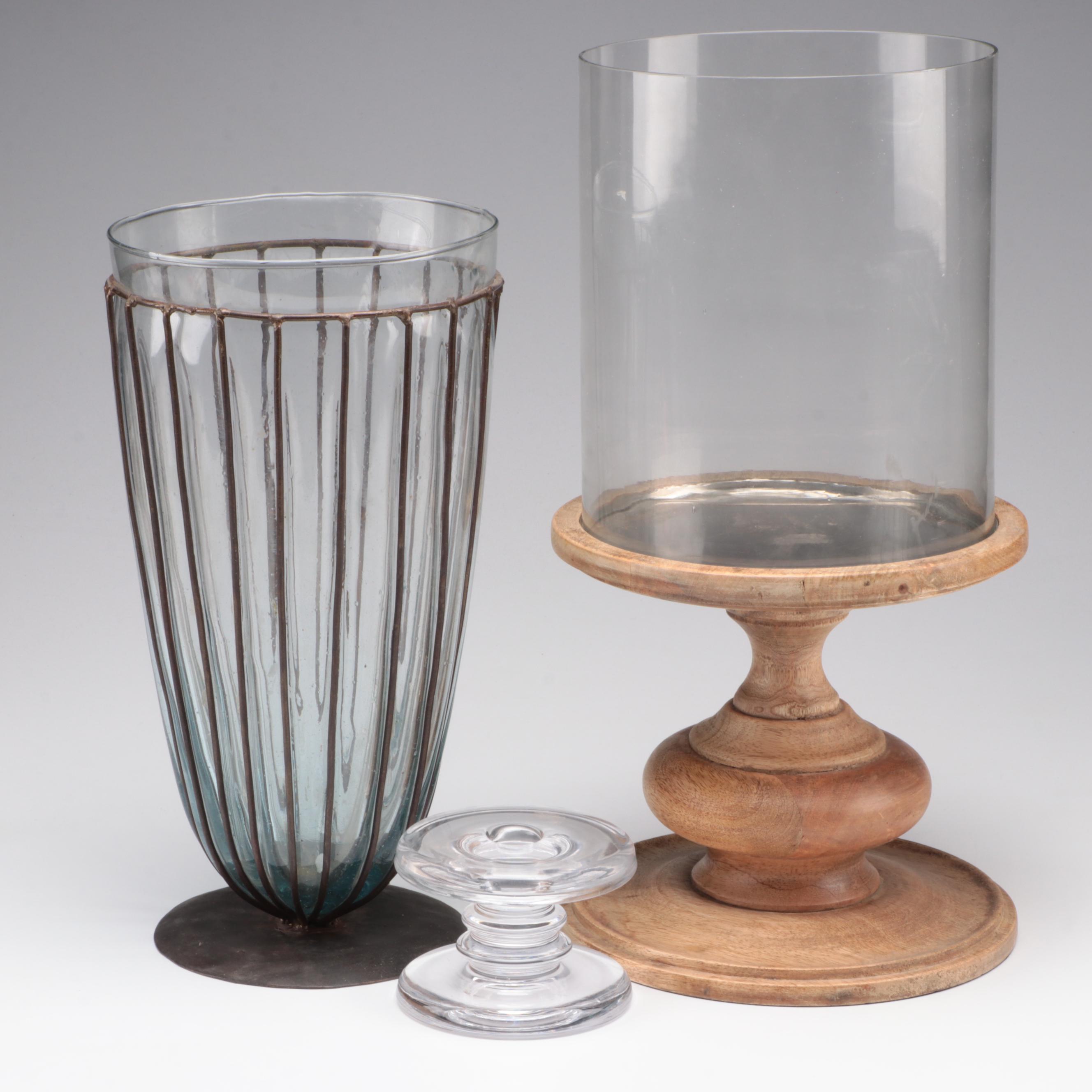 Wood Pedestal Candle Holder with Glass Vase in Metal Cage and Other Décor
