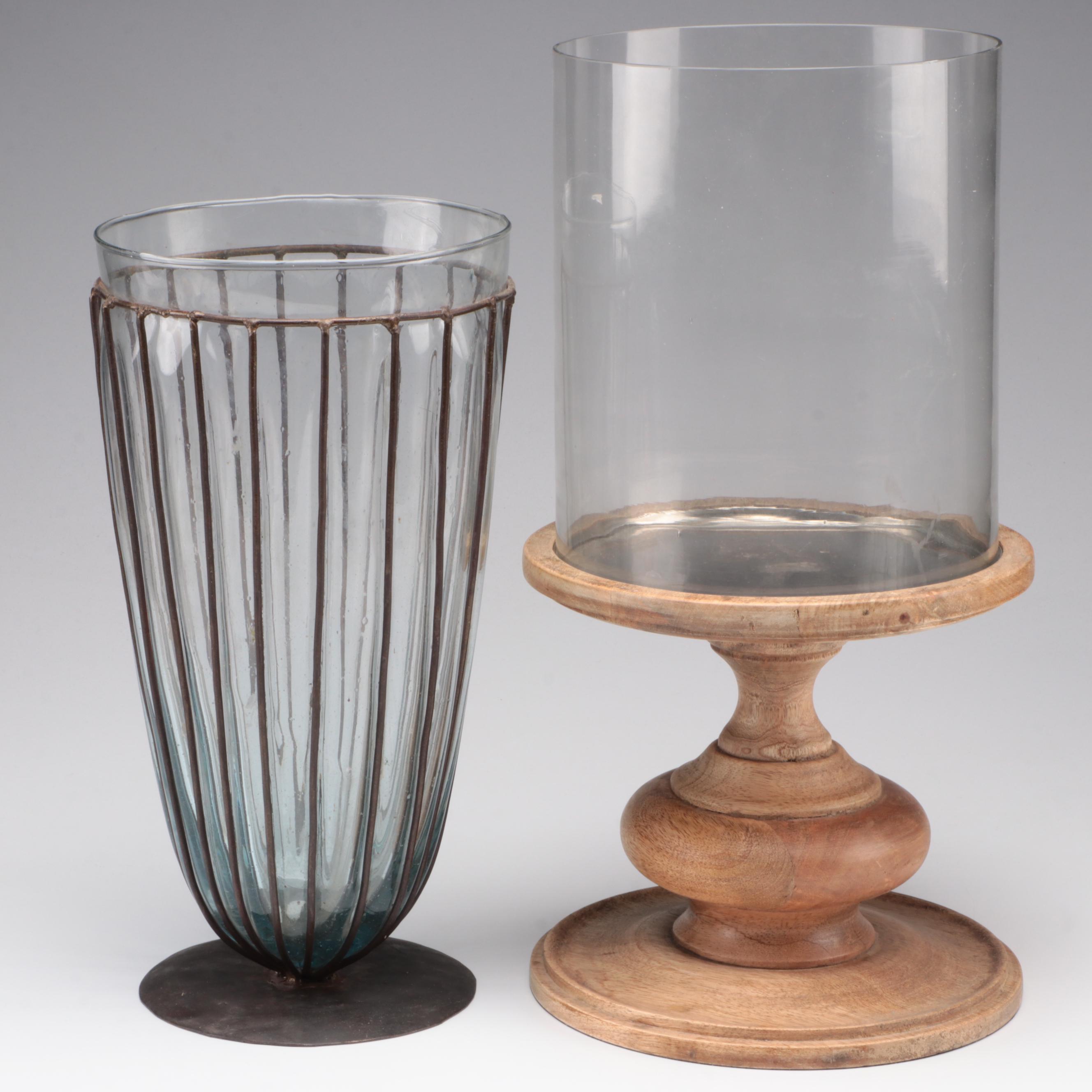 Wood Pedestal Candle Holder with Glass Vase in Metal Cage and Other Décor