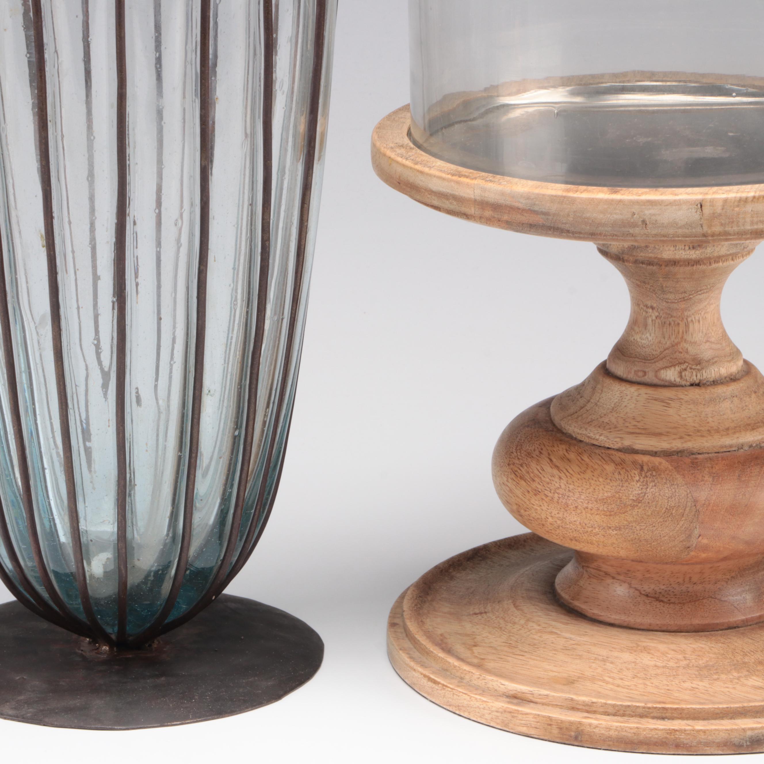 Wood Pedestal Candle Holder with Glass Vase in Metal Cage and Other Décor