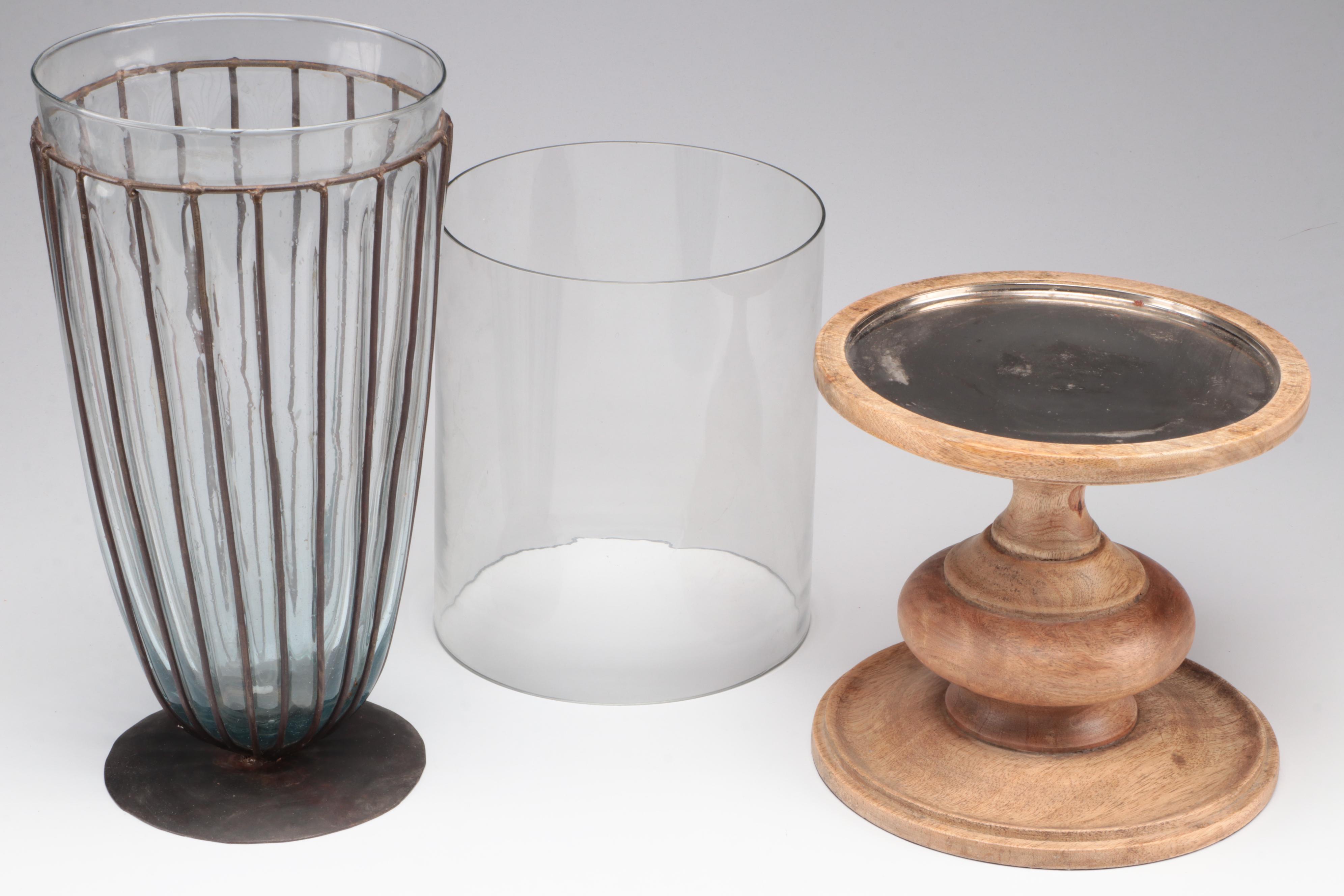 Wood Pedestal Candle Holder with Glass Vase in Metal Cage and Other Décor