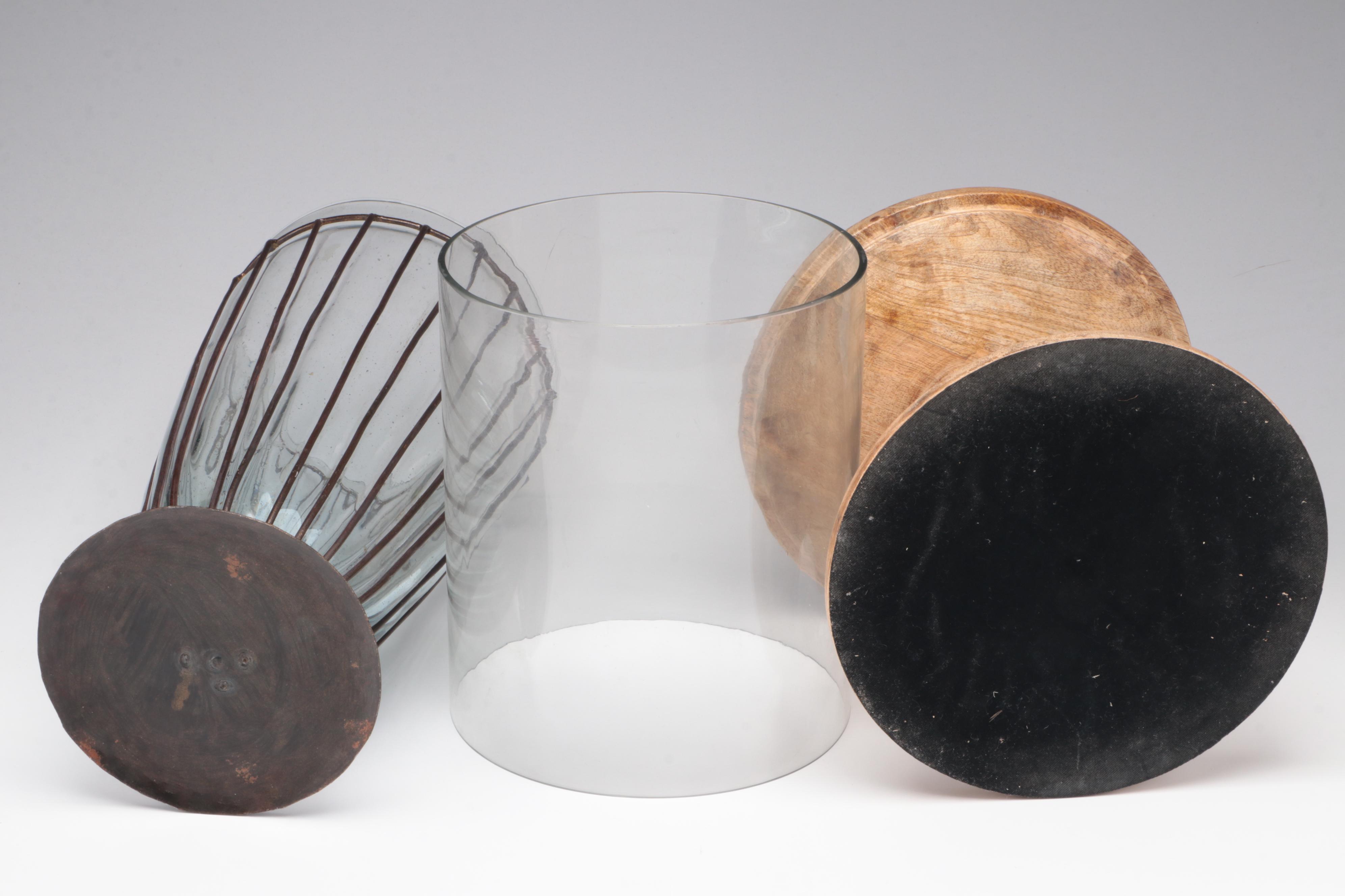 Wood Pedestal Candle Holder with Glass Vase in Metal Cage and Other Décor