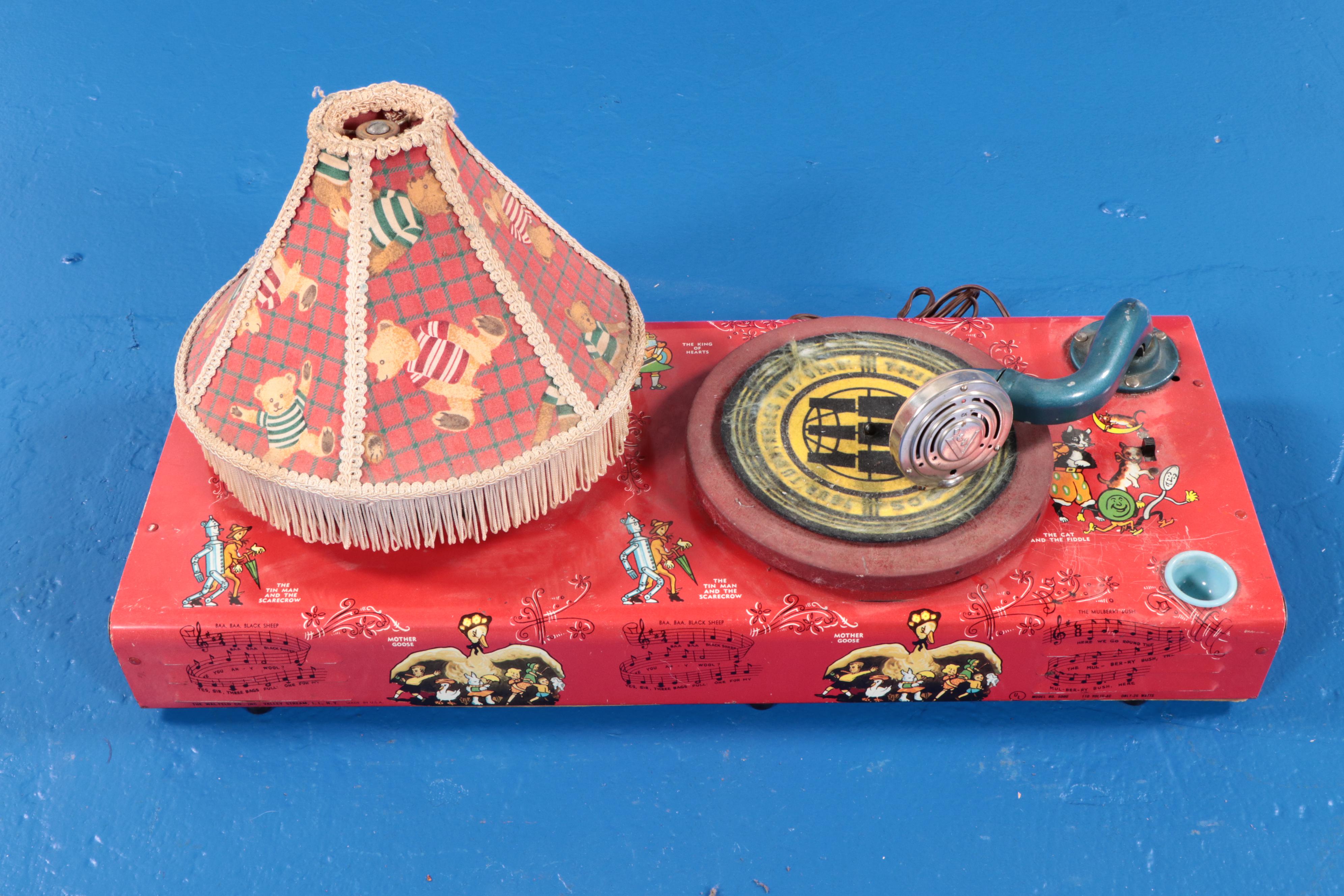 Wal-Feld Co. Tin Lithograph Toy Phonograph Table Lamp, Mid-20th Century