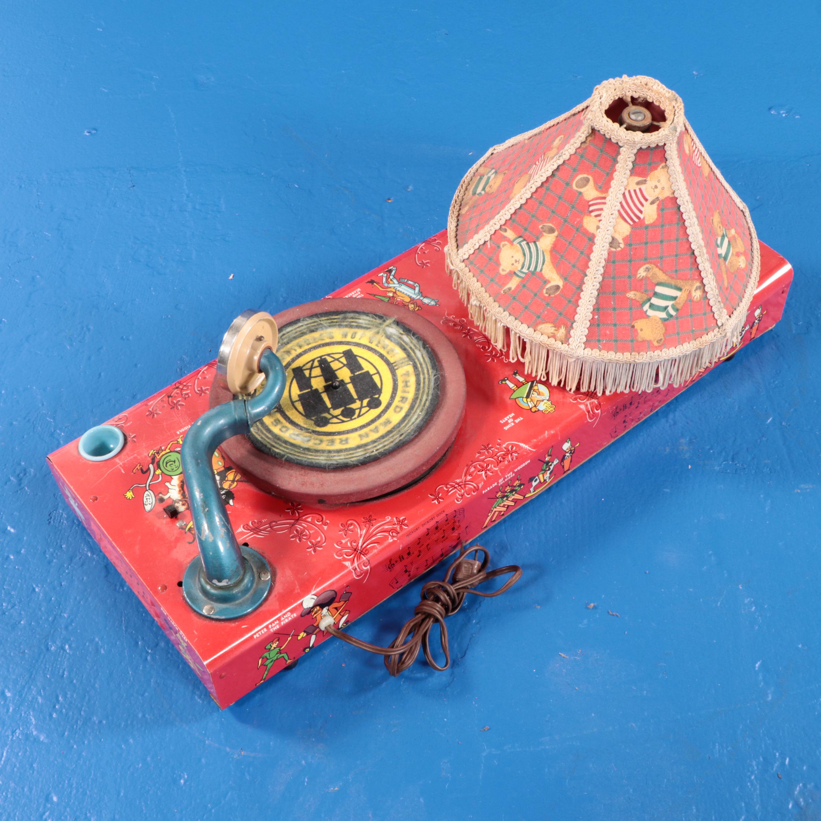 Wal-Feld Co. Tin Lithograph Toy Phonograph Table Lamp, Mid-20th Century