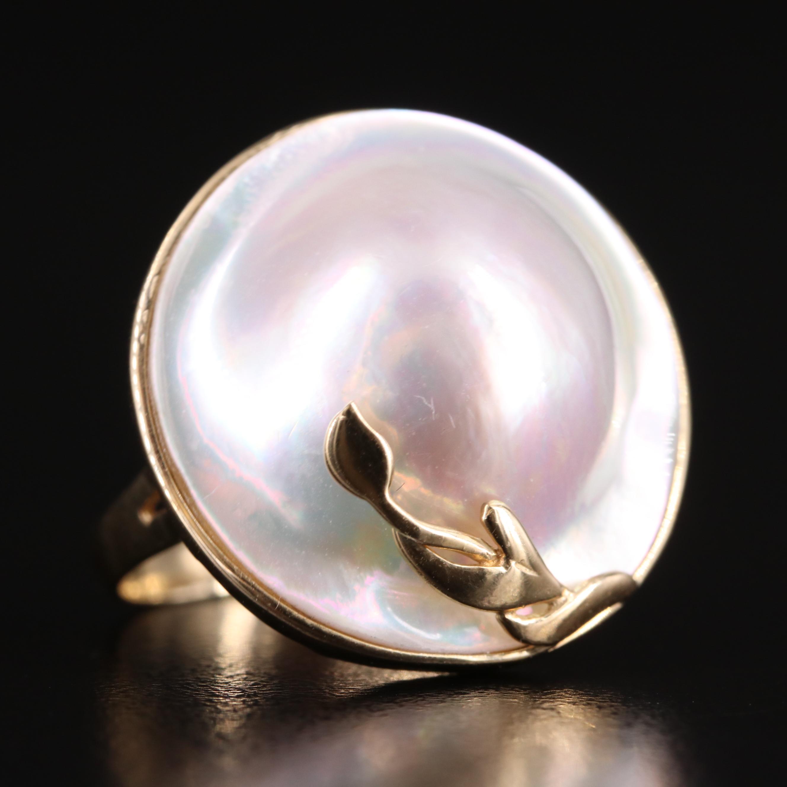 14K Mabé Pearl Ring with Leaf Detail