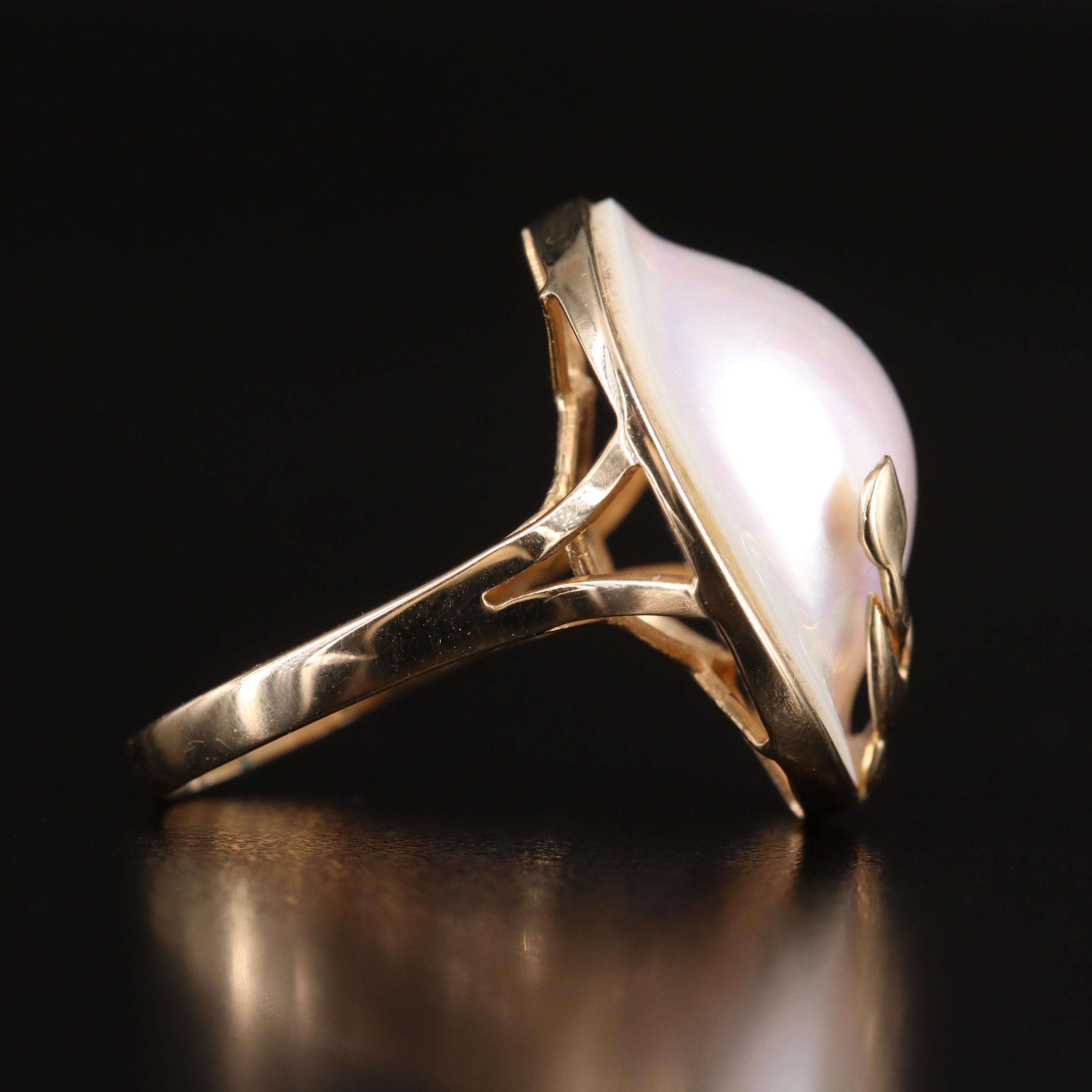 14K Mabé Pearl Ring with Leaf Detail
