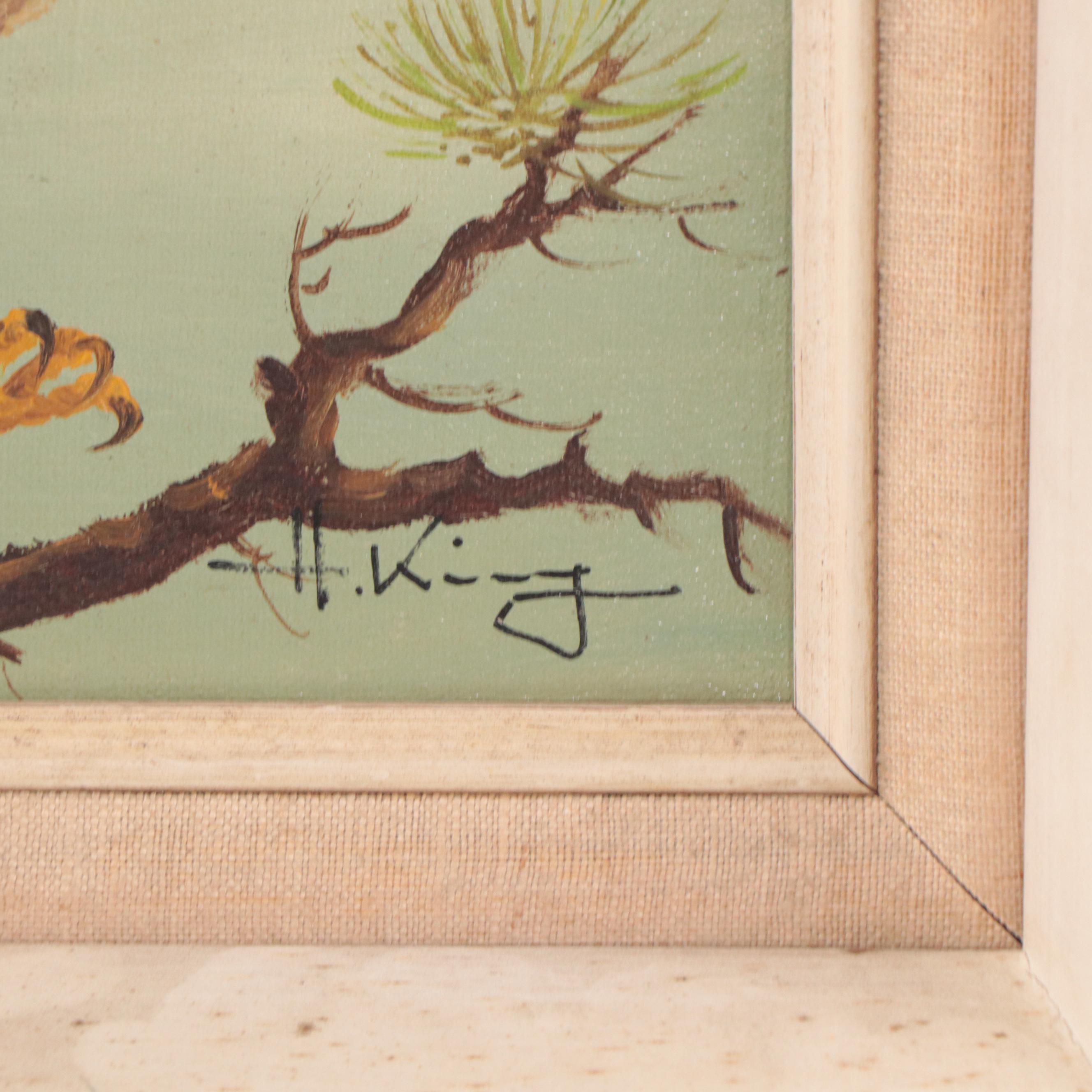 H. King Oil Painting of Bird Landing on Branch