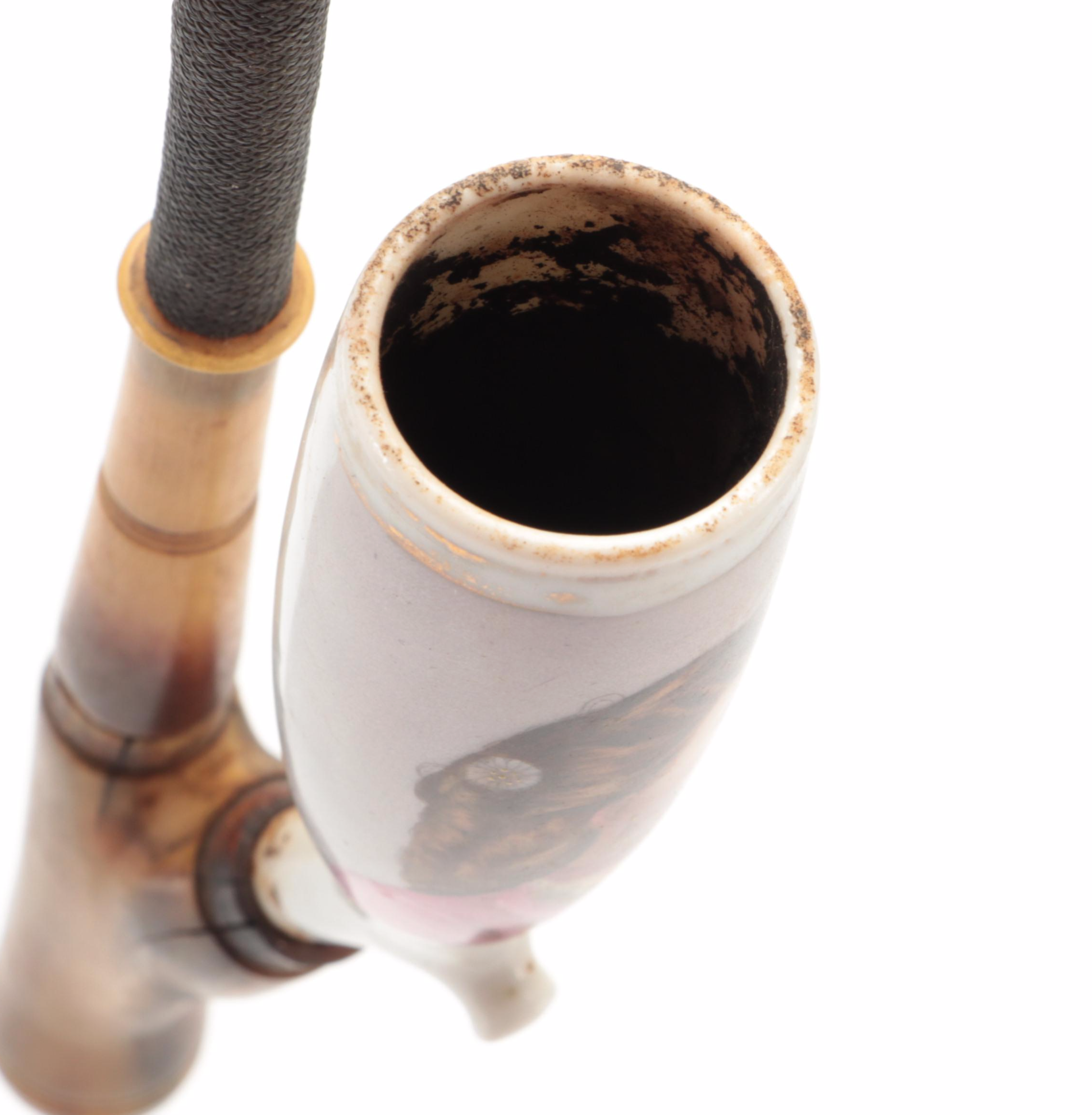 German Smoking Pipe with Porcelain Portrait Bowl and Horn Stem