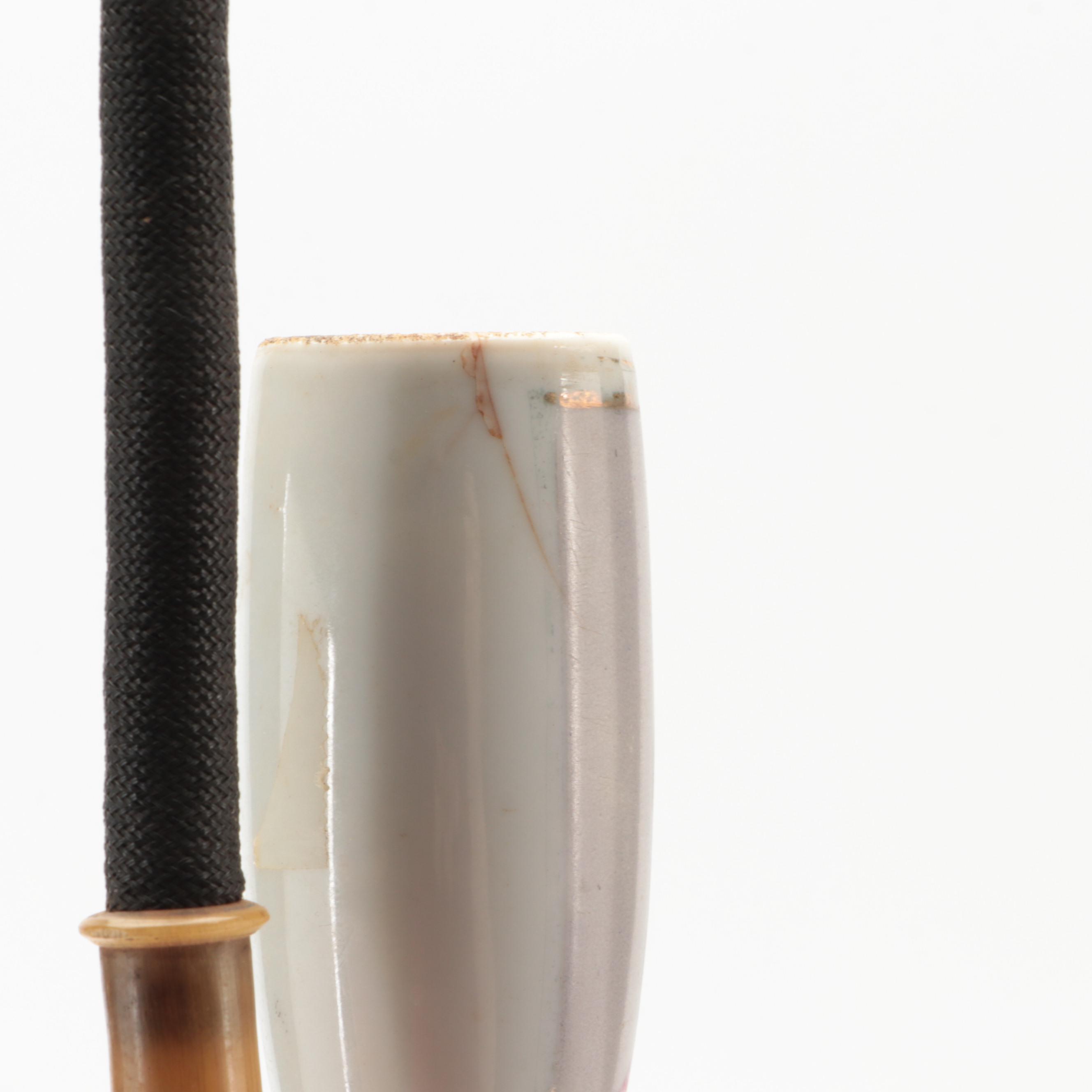 German Smoking Pipe with Porcelain Portrait Bowl and Horn Stem