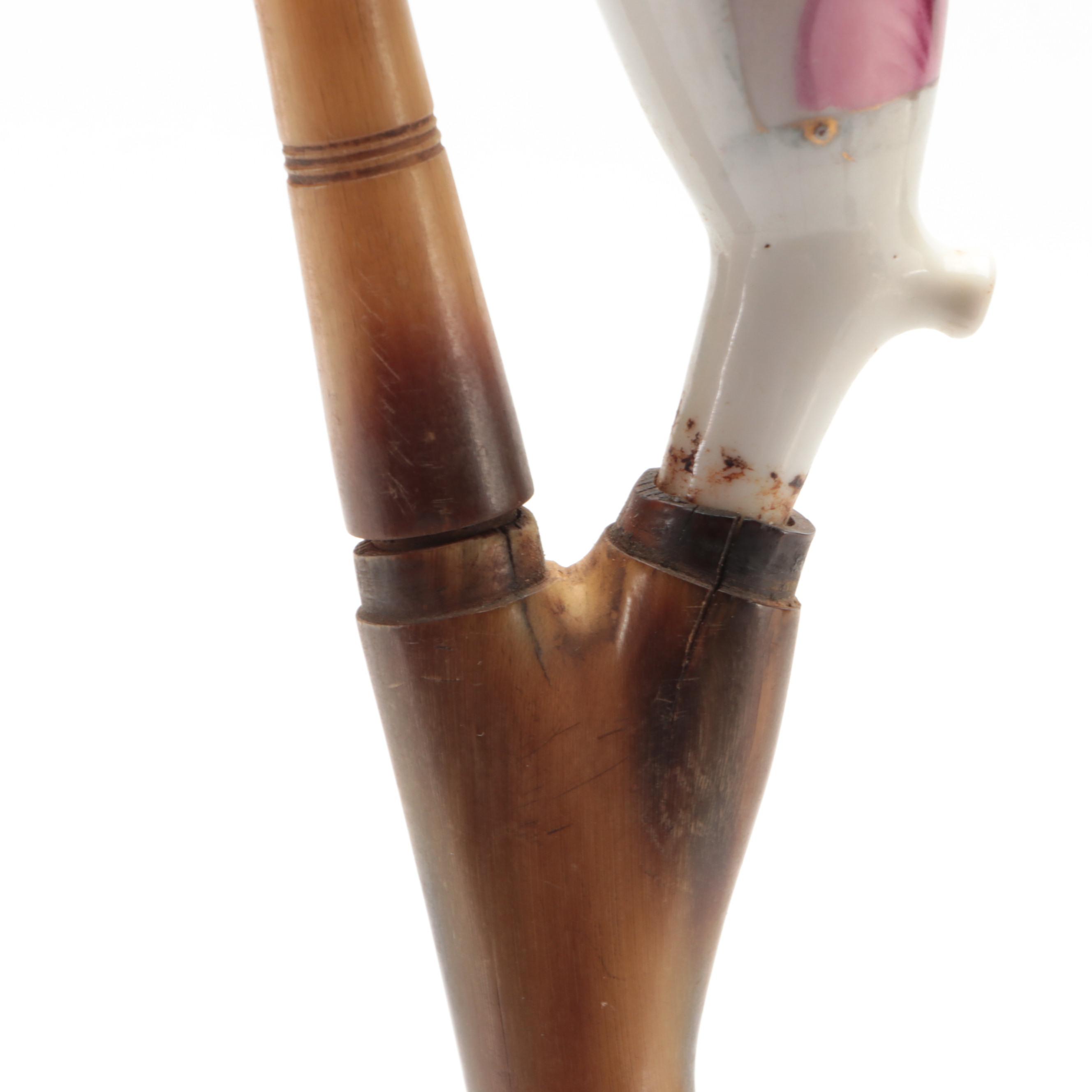 German Smoking Pipe with Porcelain Portrait Bowl and Horn Stem