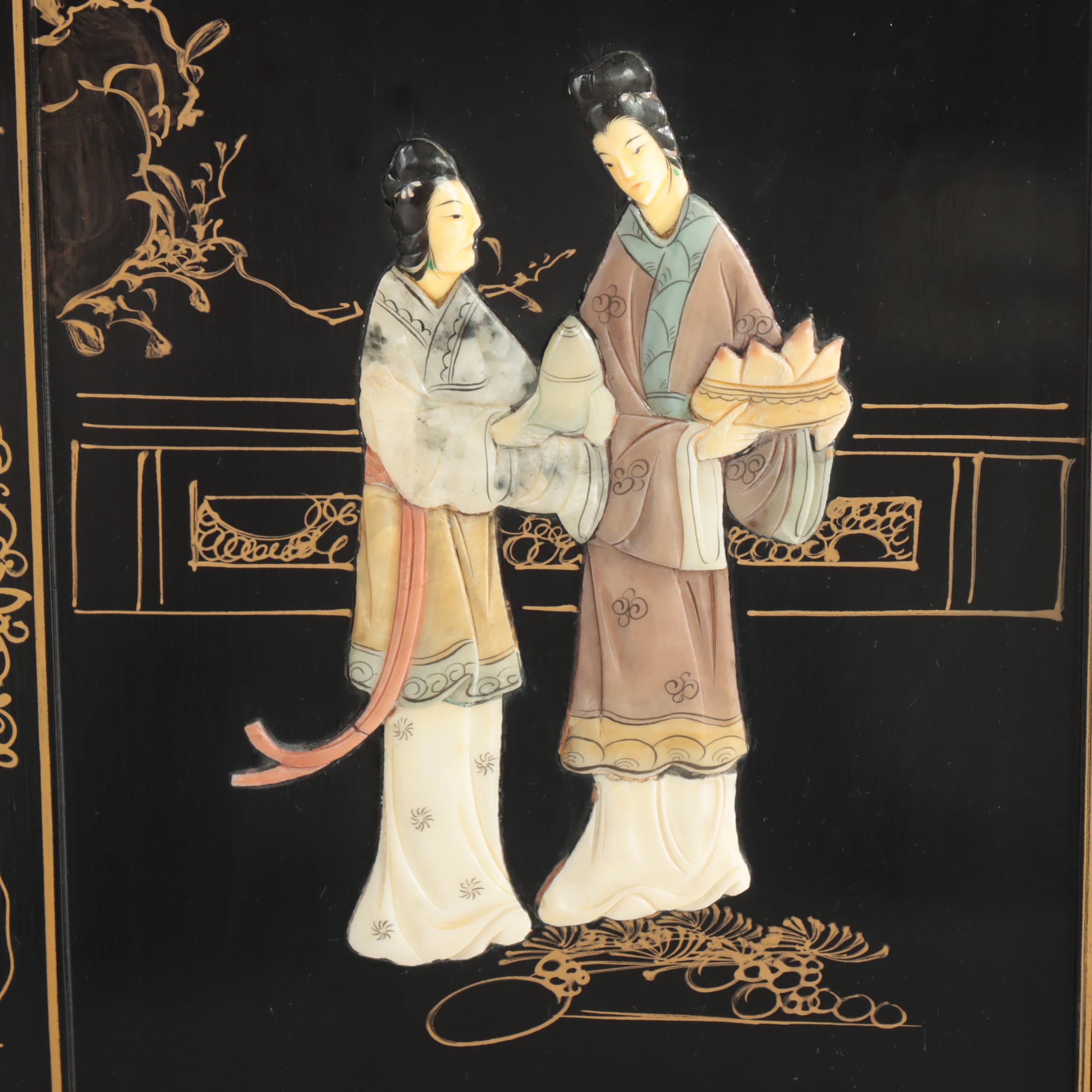 Hong-Kong Bas-Relief Carved and Painted Wall Panel Set