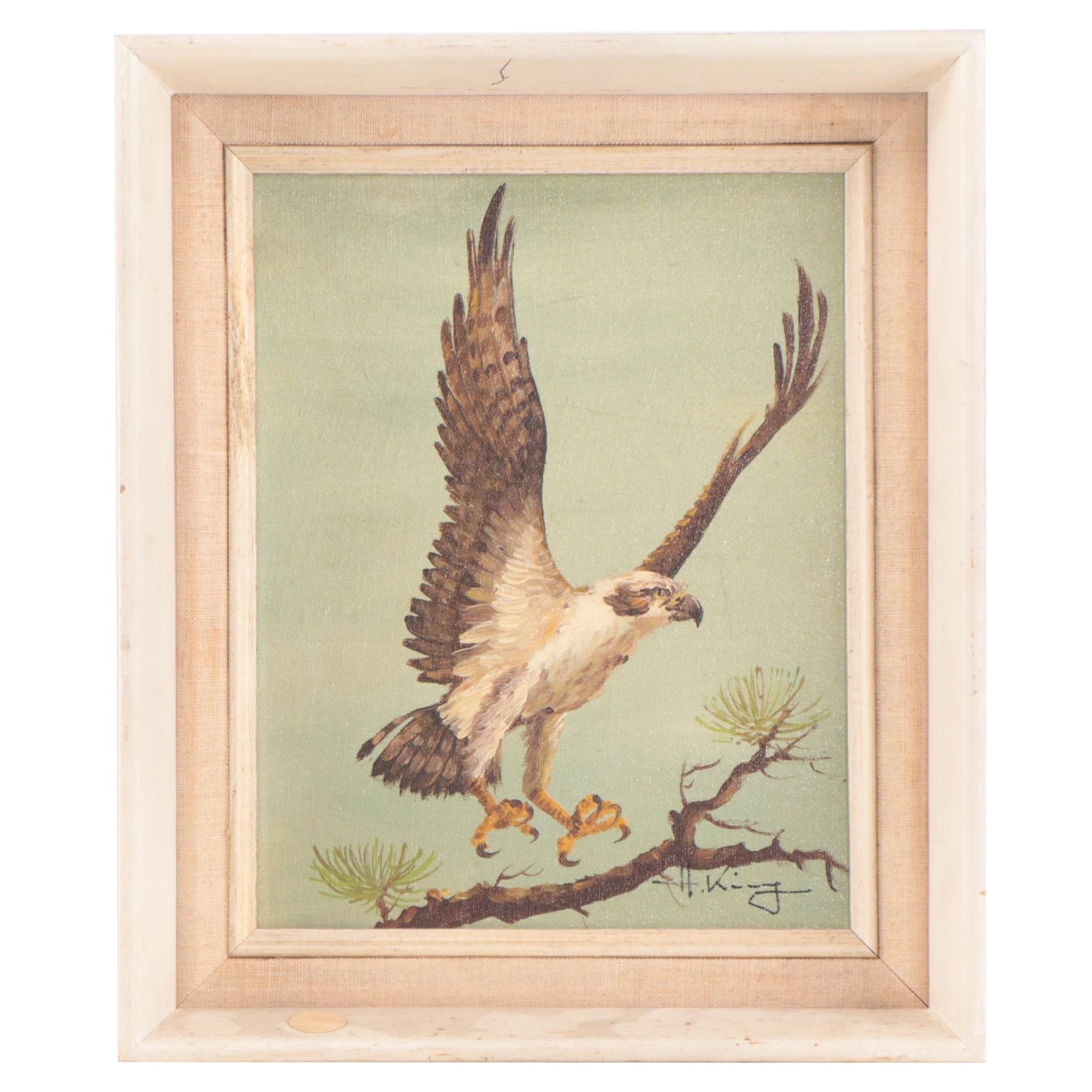 H. King Oil Painting of Bird Landing on Branch