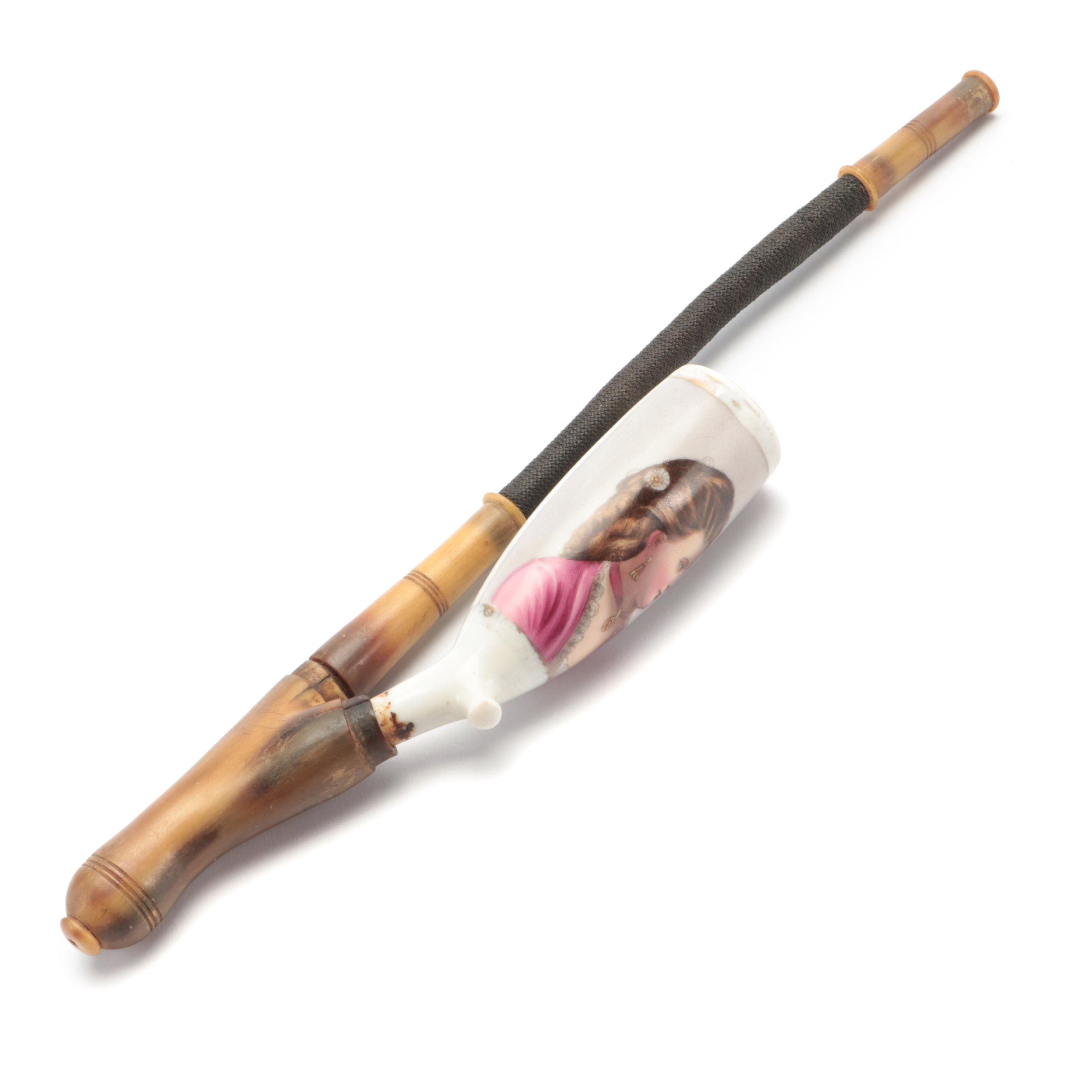 German Smoking Pipe with Porcelain Portrait Bowl and Horn Stem