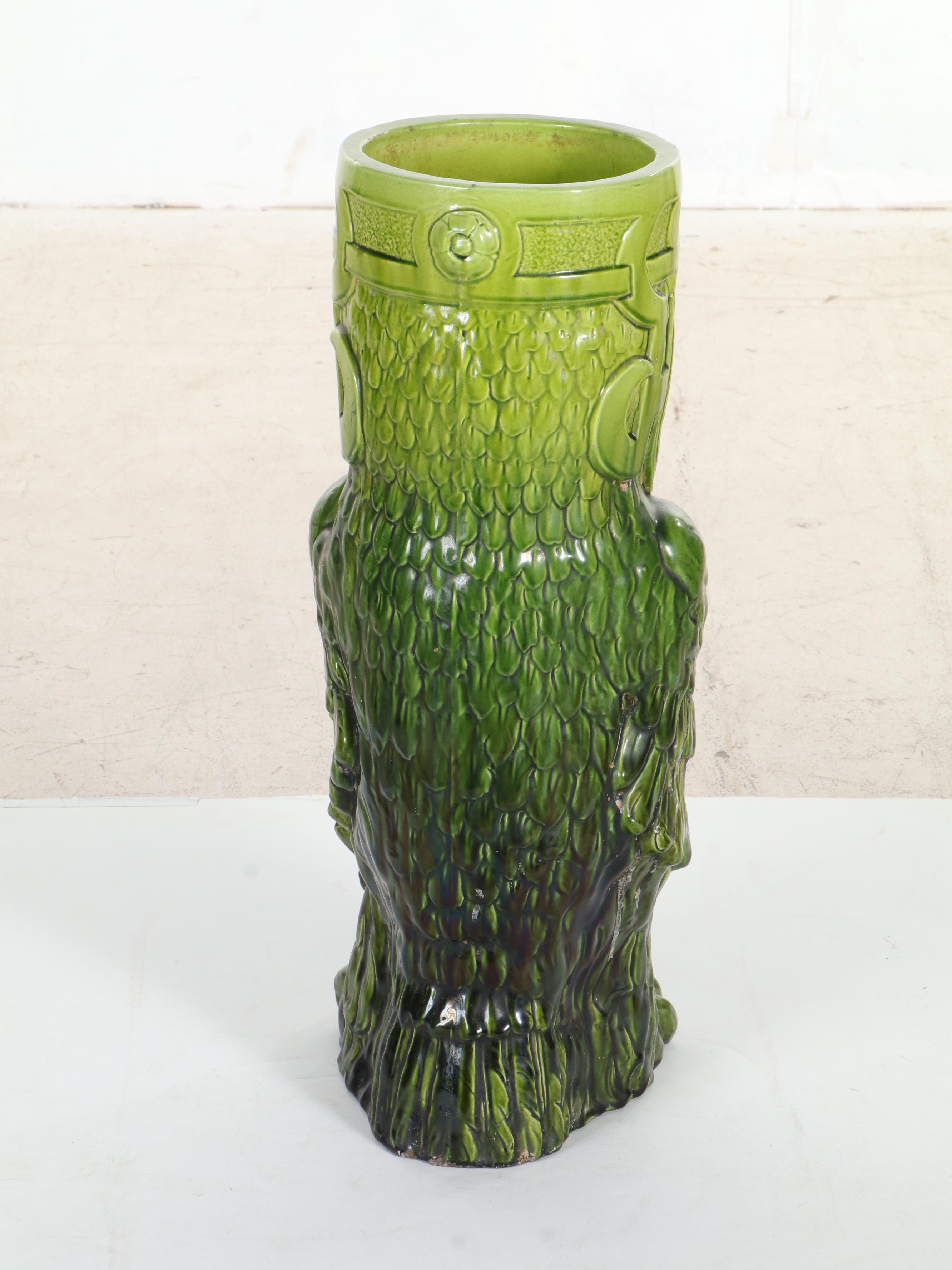 Bretby Pottery Green Glazed Figural Ceramic Owl Umbrella Stand