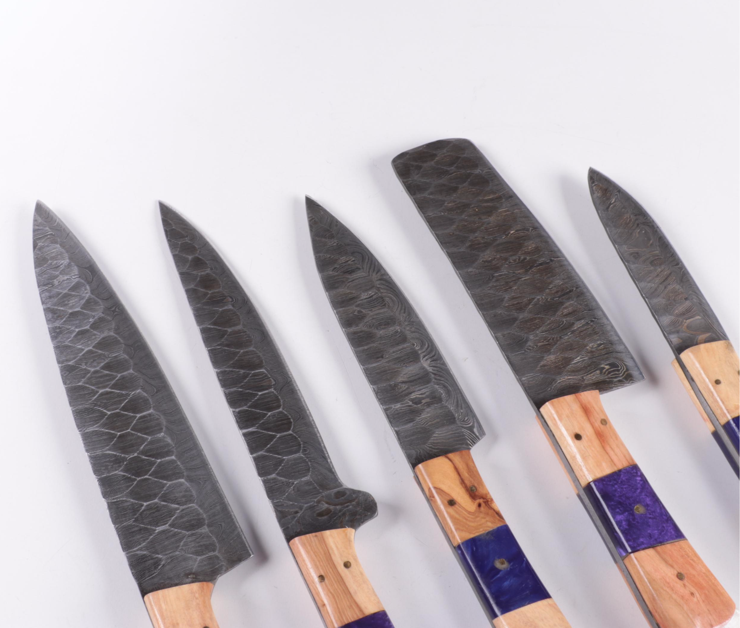 Damascus Steel Knife Set with Leather Roll