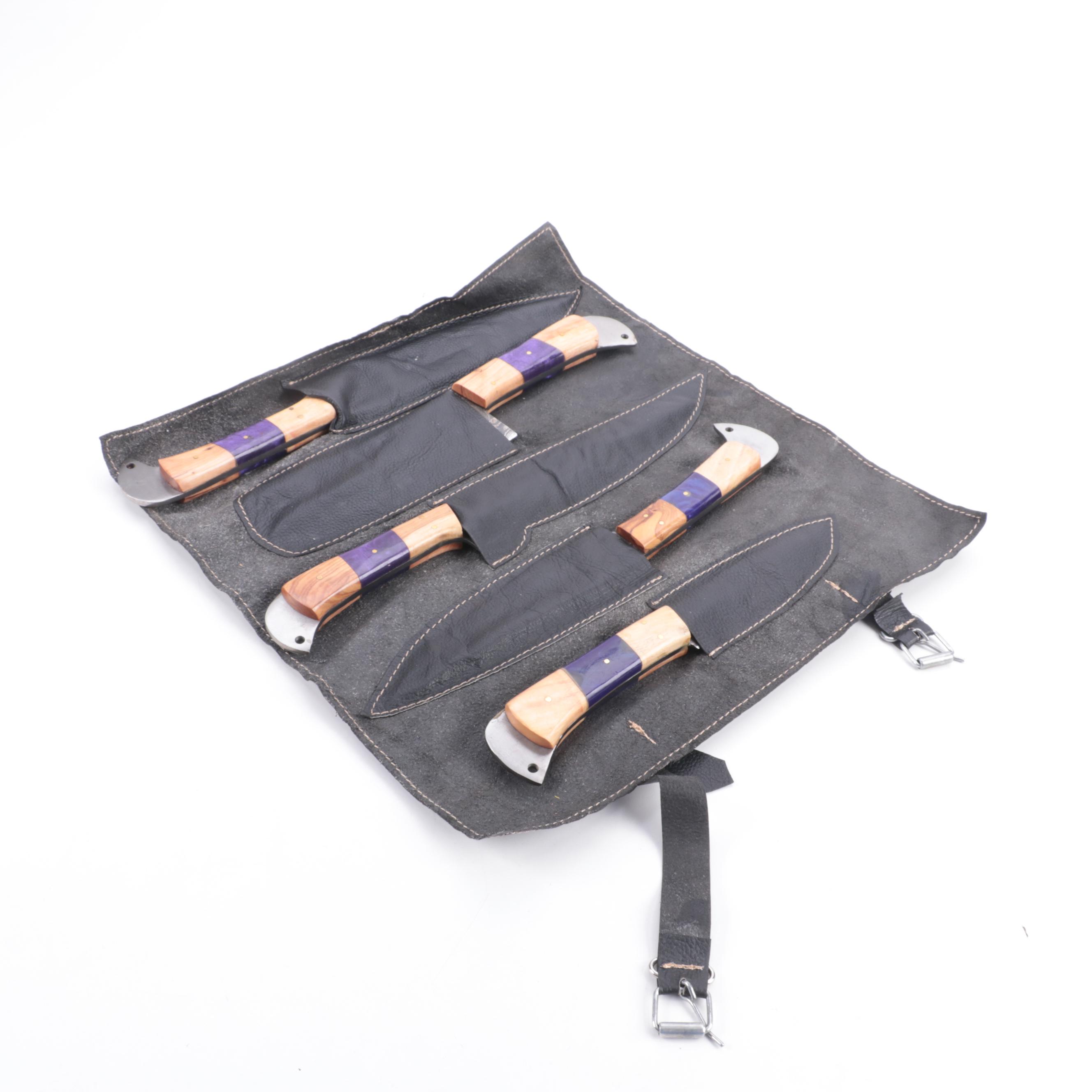 Damascus Steel Knife Set with Leather Roll