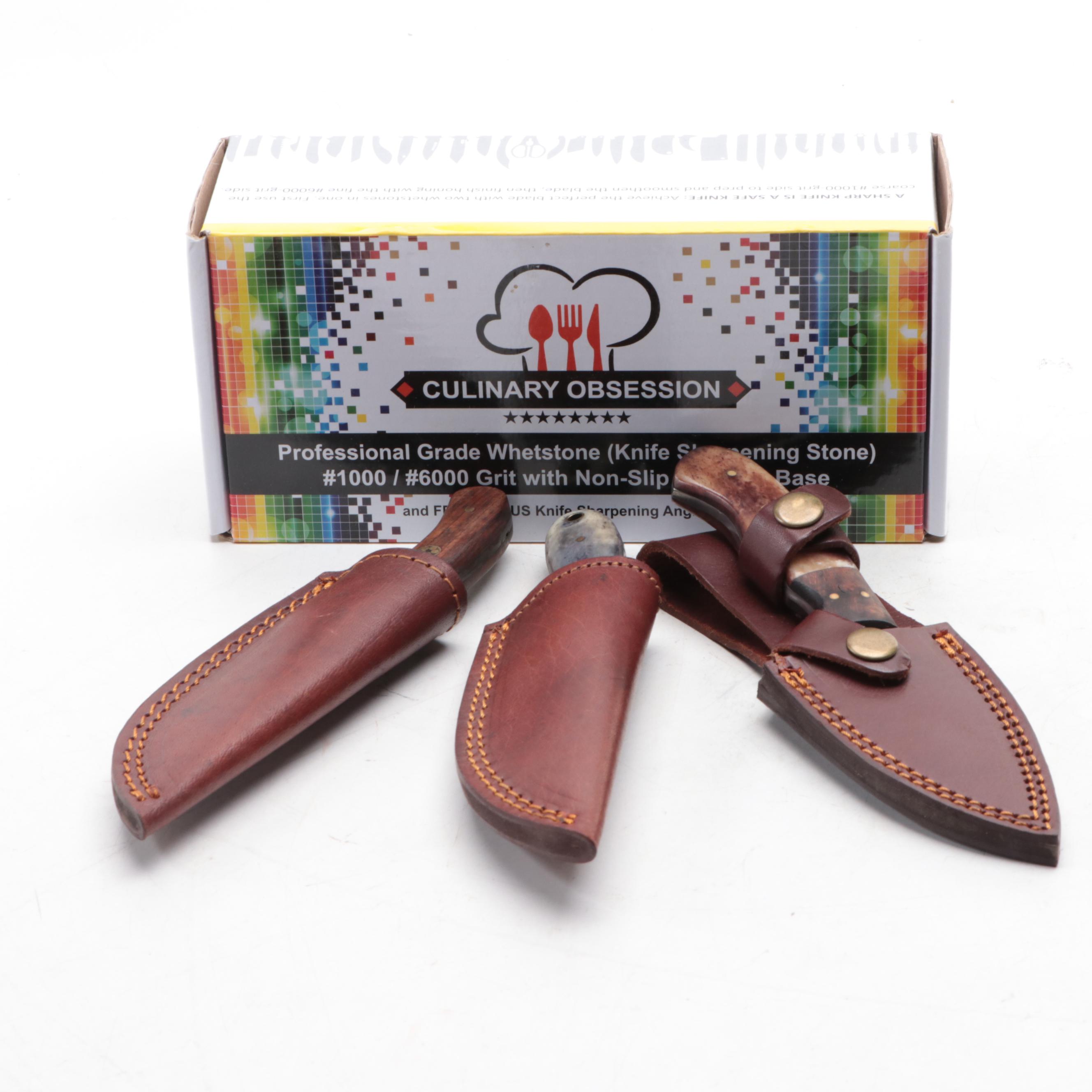 Damascus Steel Fixed Blade Knives with Knife Sharpener and Leather Scabbards