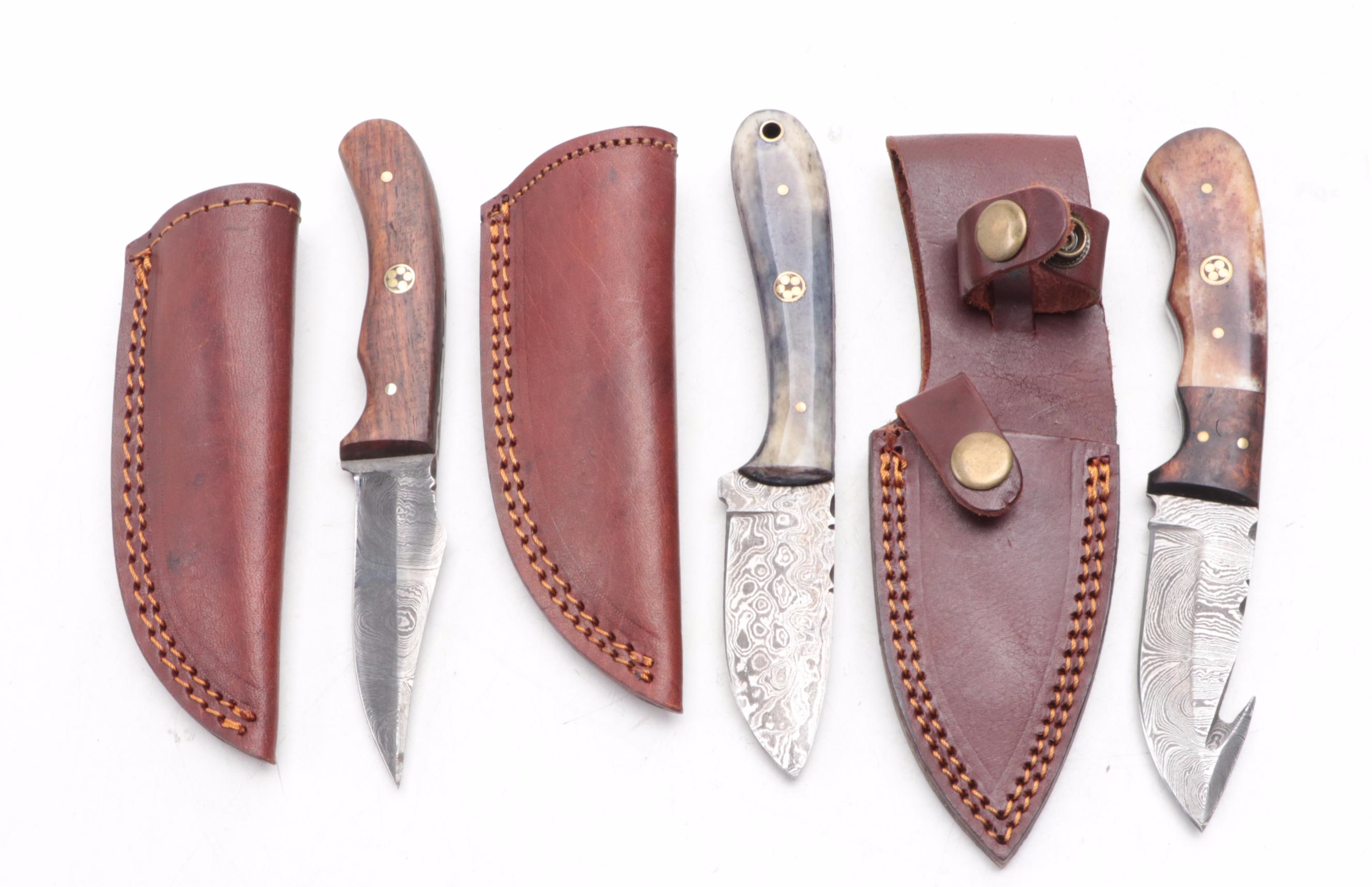 Damascus Steel Fixed Blade Knives with Knife Sharpener and Leather Scabbards