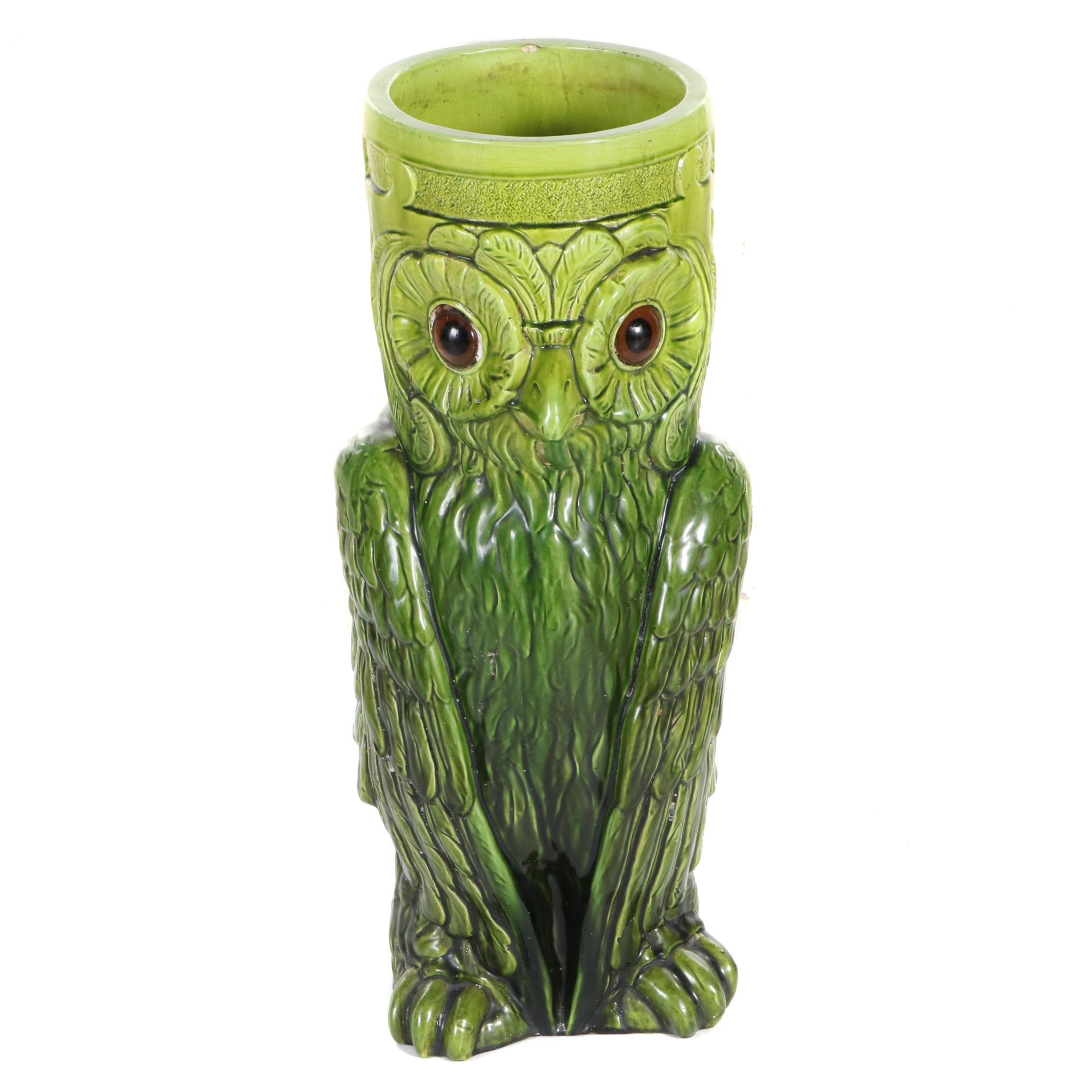 Bretby Pottery Green Glazed Figural Ceramic Owl Umbrella Stand
