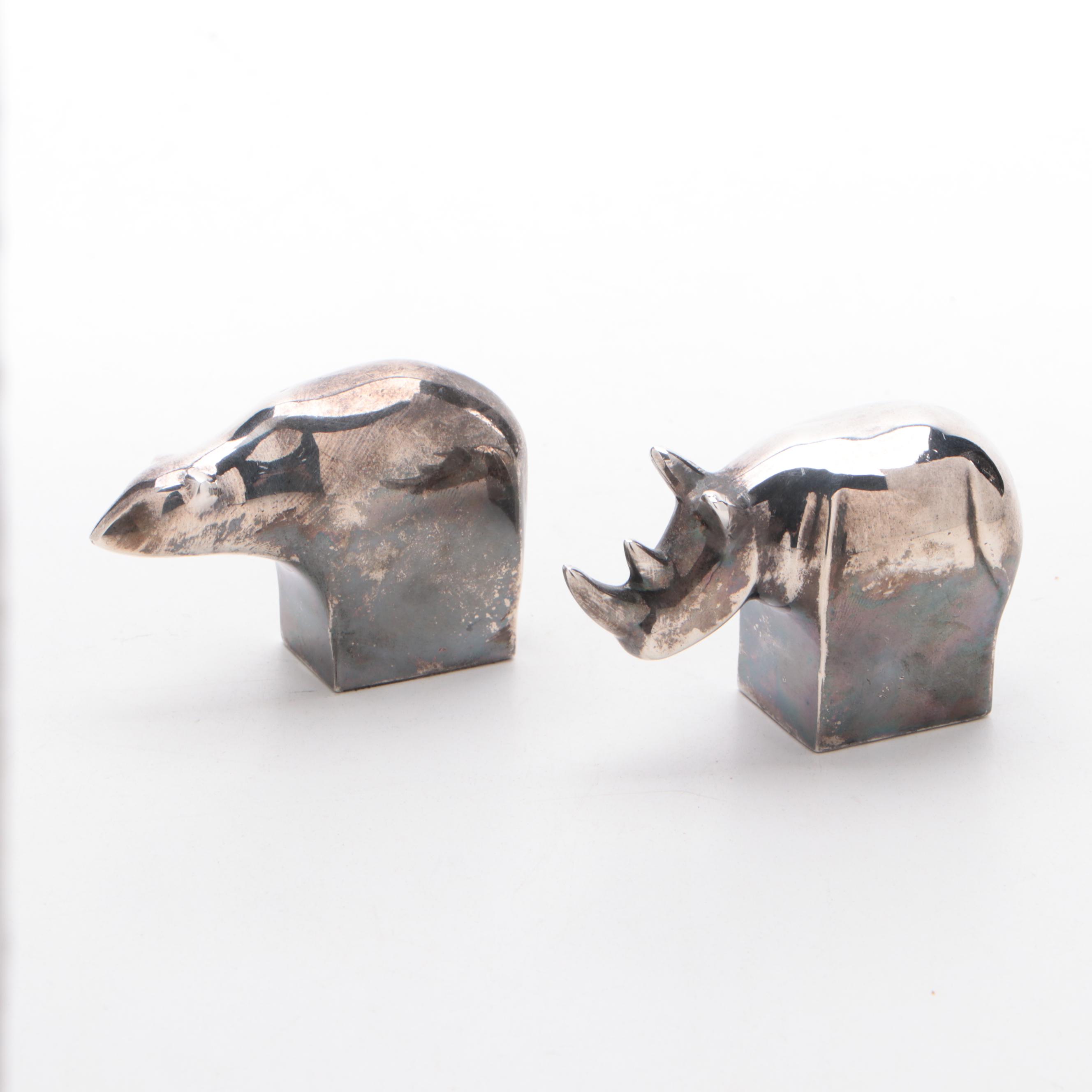 Dansk Silver Plate Animal Paperweights with Studio Art Pottery Face Mug