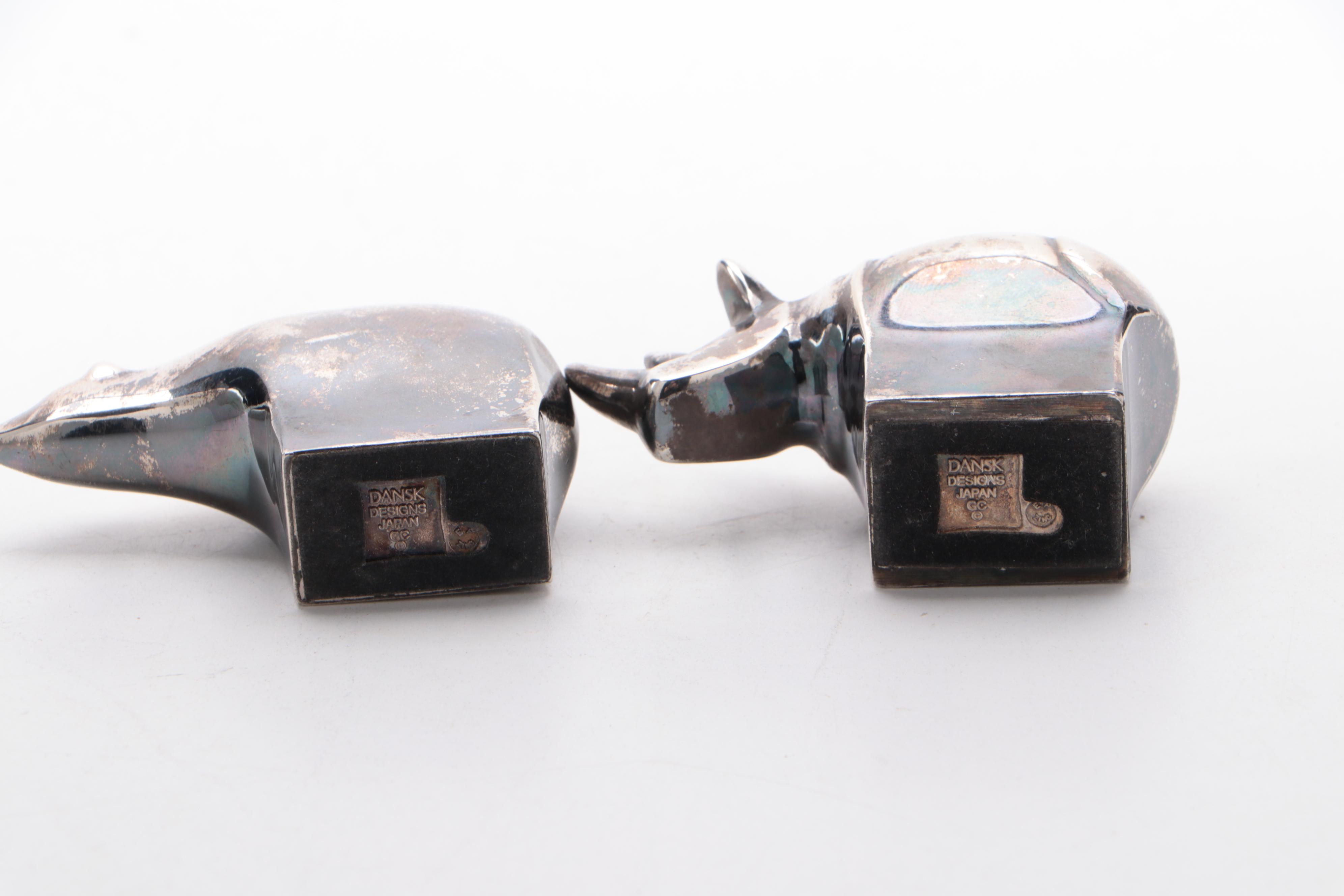 Dansk Silver Plate Animal Paperweights with Studio Art Pottery Face Mug