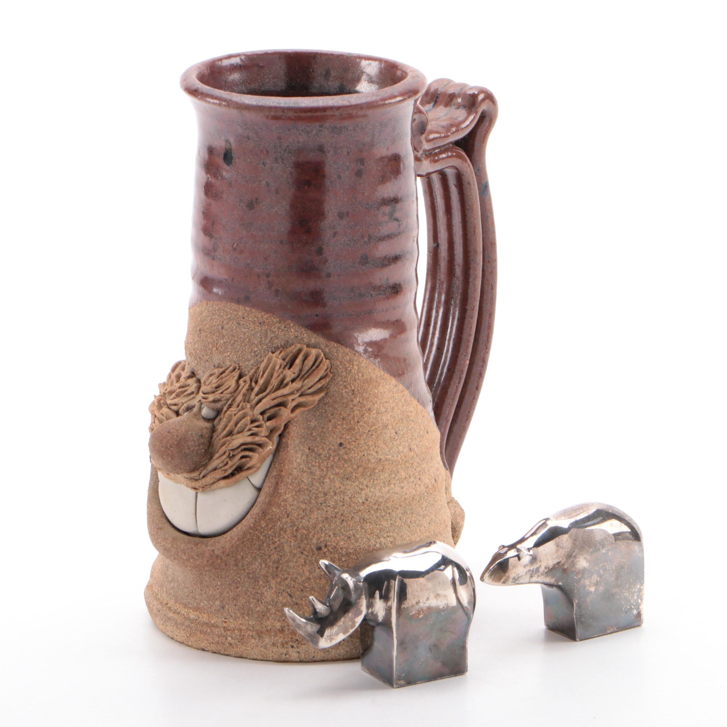 Dansk Silver Plate Animal Paperweights with Studio Art Pottery Face Mug