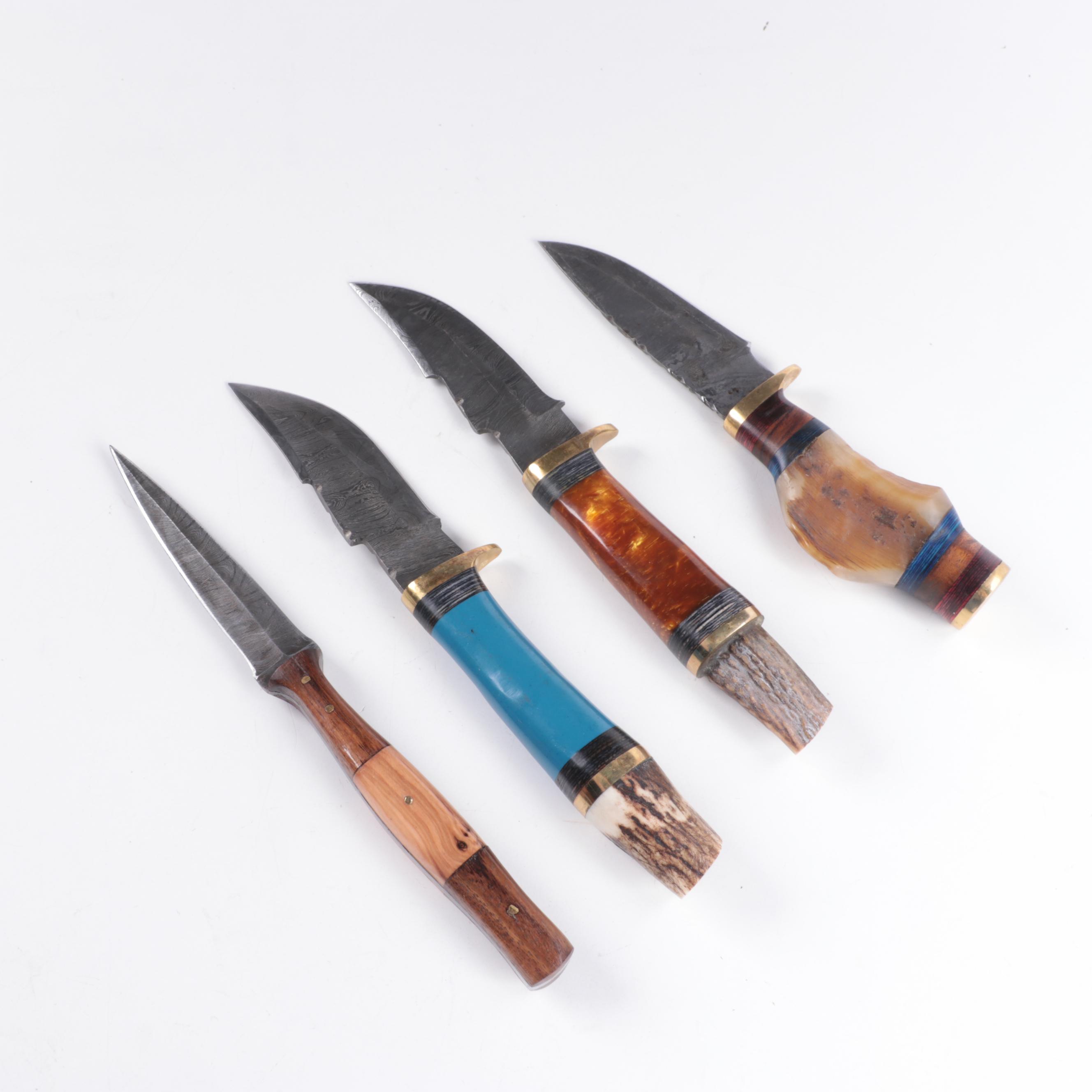 Damascus Steel Fixed Blade Knives with Leather Sheaths