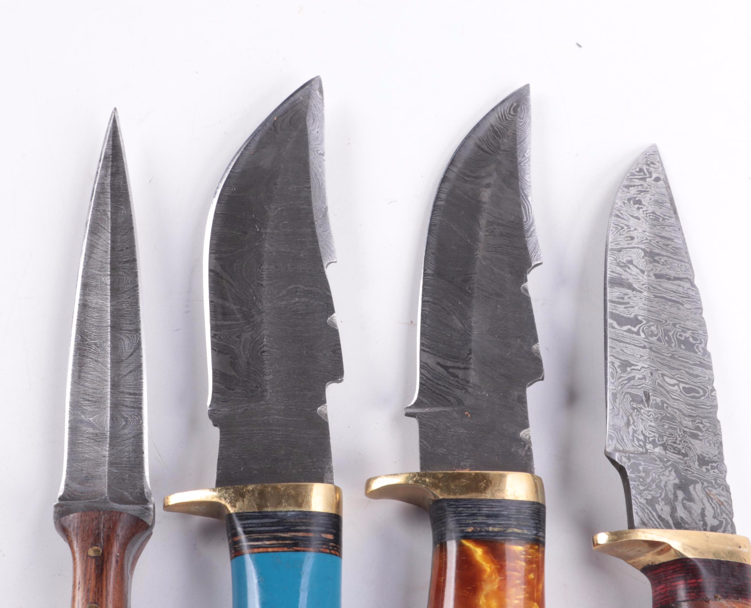 Damascus Steel Fixed Blade Knives with Leather Sheaths