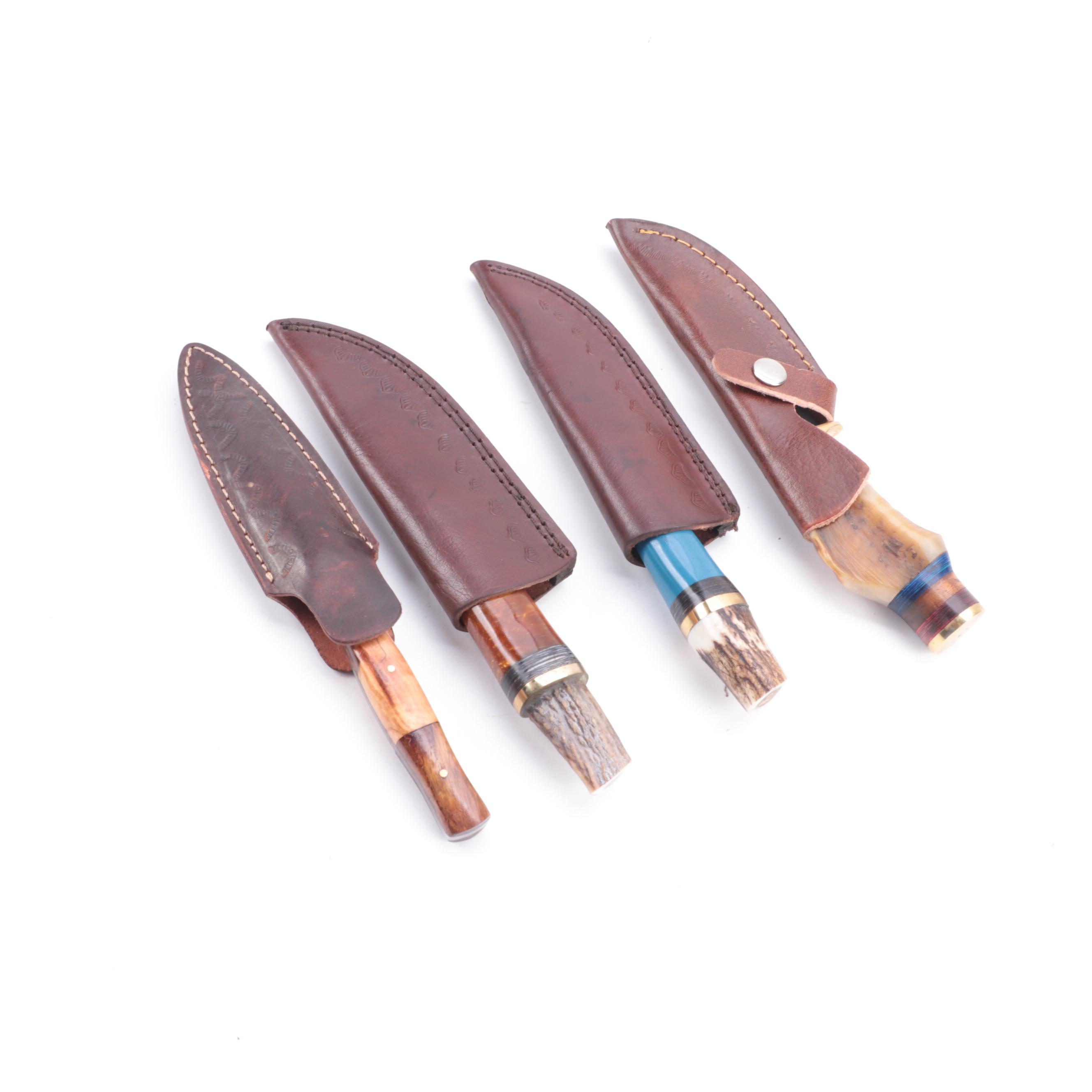 Damascus Steel Fixed Blade Knives with Leather Sheaths