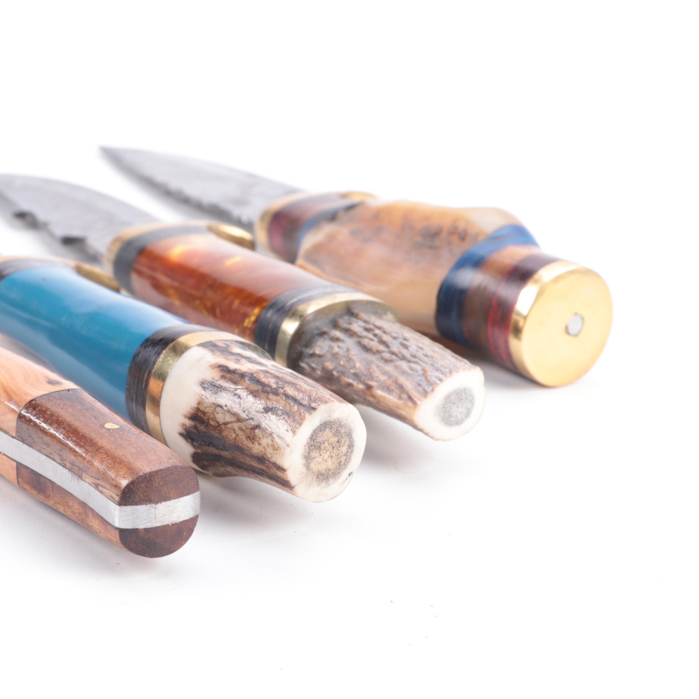 Damascus Steel Fixed Blade Knives with Leather Sheaths