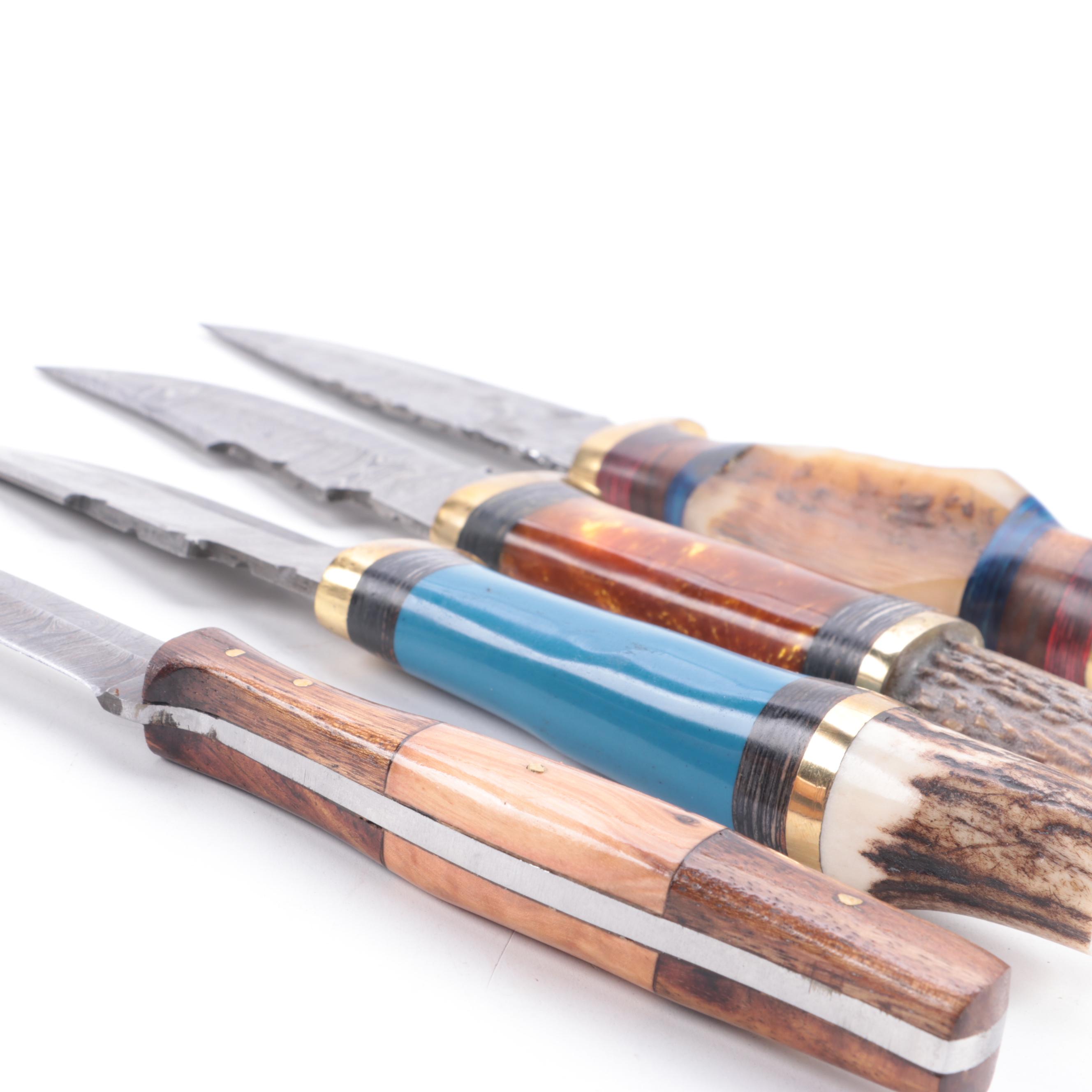 Damascus Steel Fixed Blade Knives with Leather Sheaths