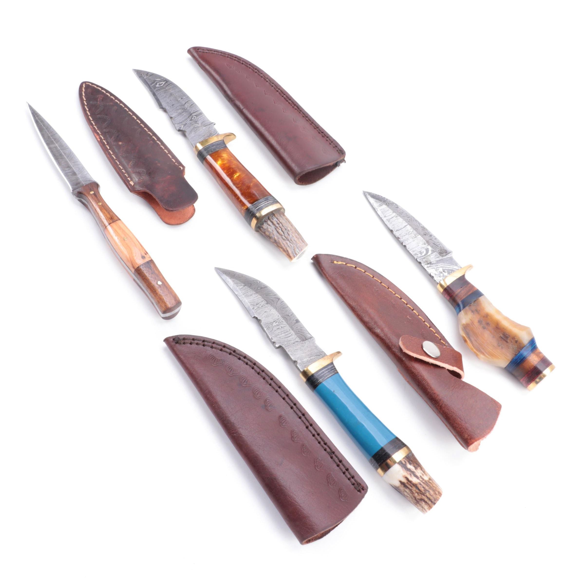 Damascus Steel Fixed Blade Knives with Leather Sheaths