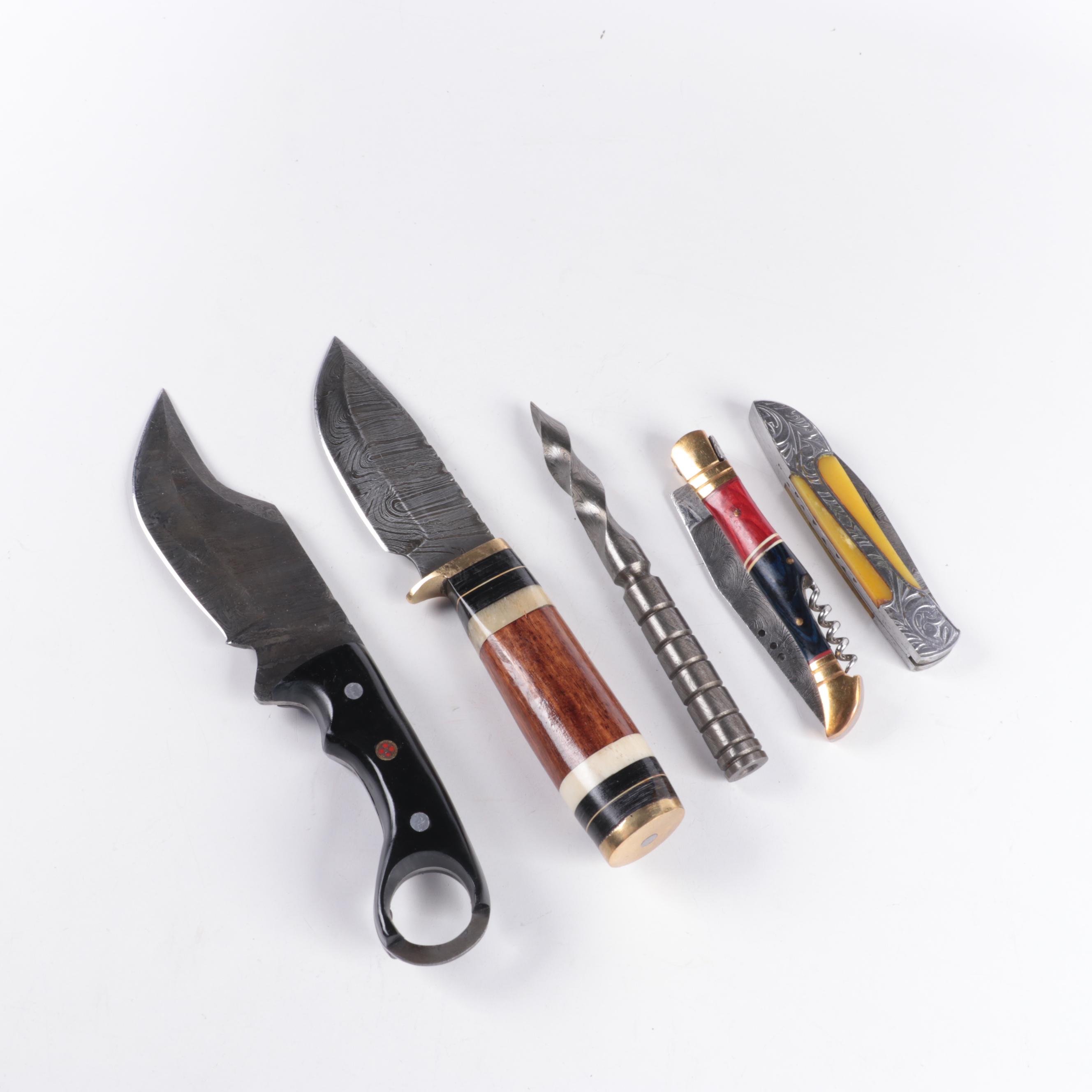 Demascus Steel Tri-Dagger, Pocket and Fixed Blade Knives with Leather Scabbards