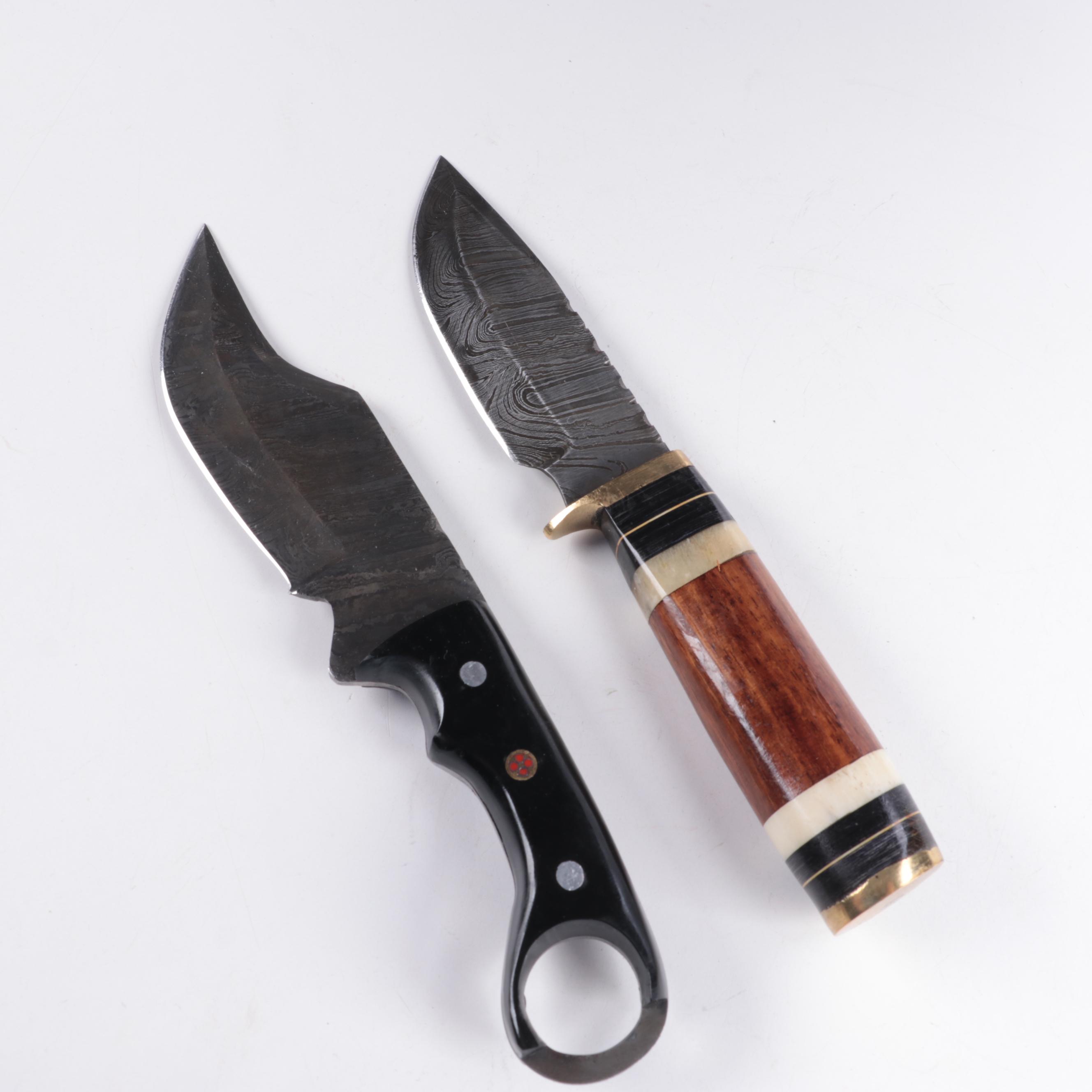 Demascus Steel Tri-Dagger, Pocket and Fixed Blade Knives with Leather Scabbards
