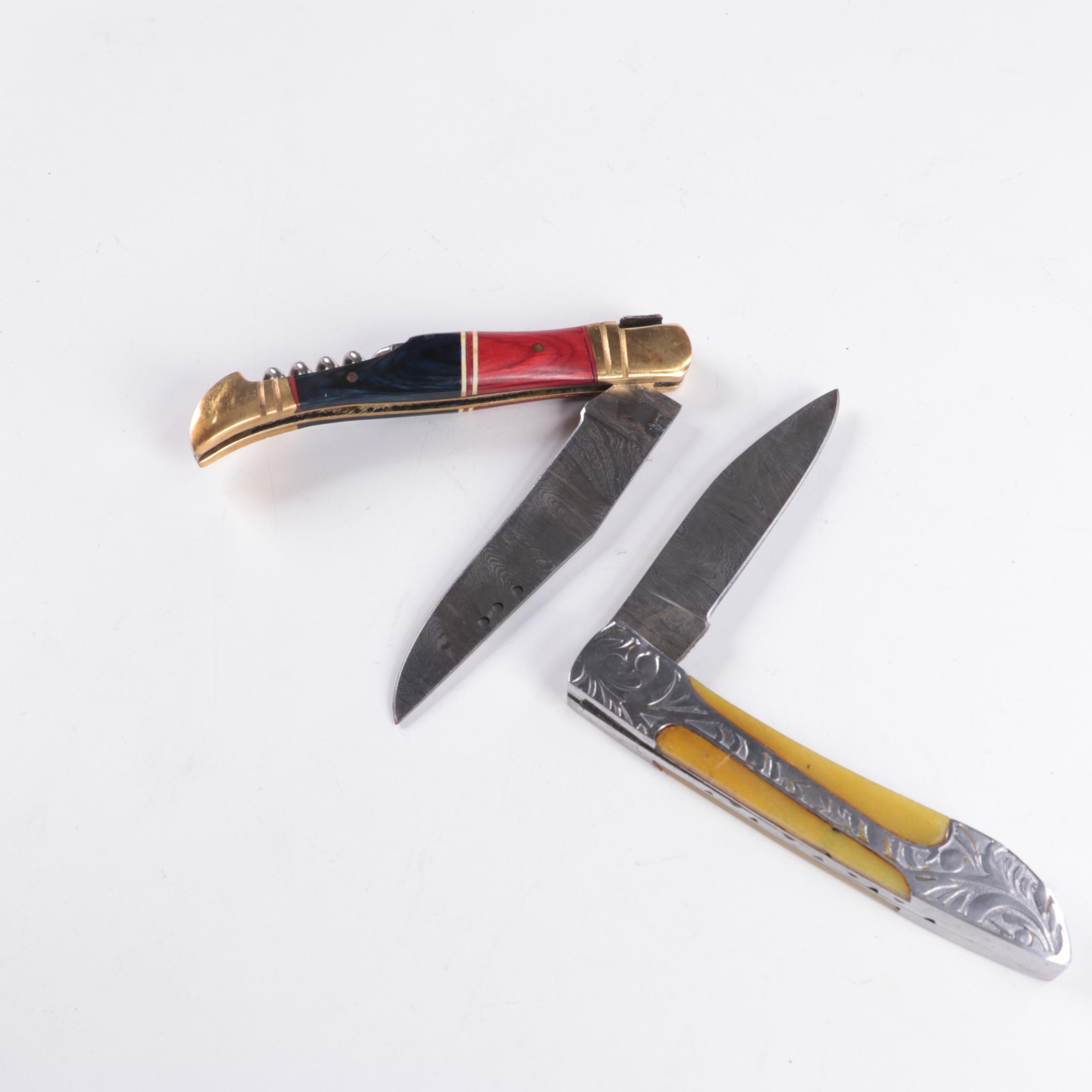 Demascus Steel Tri-Dagger, Pocket and Fixed Blade Knives with Leather Scabbards