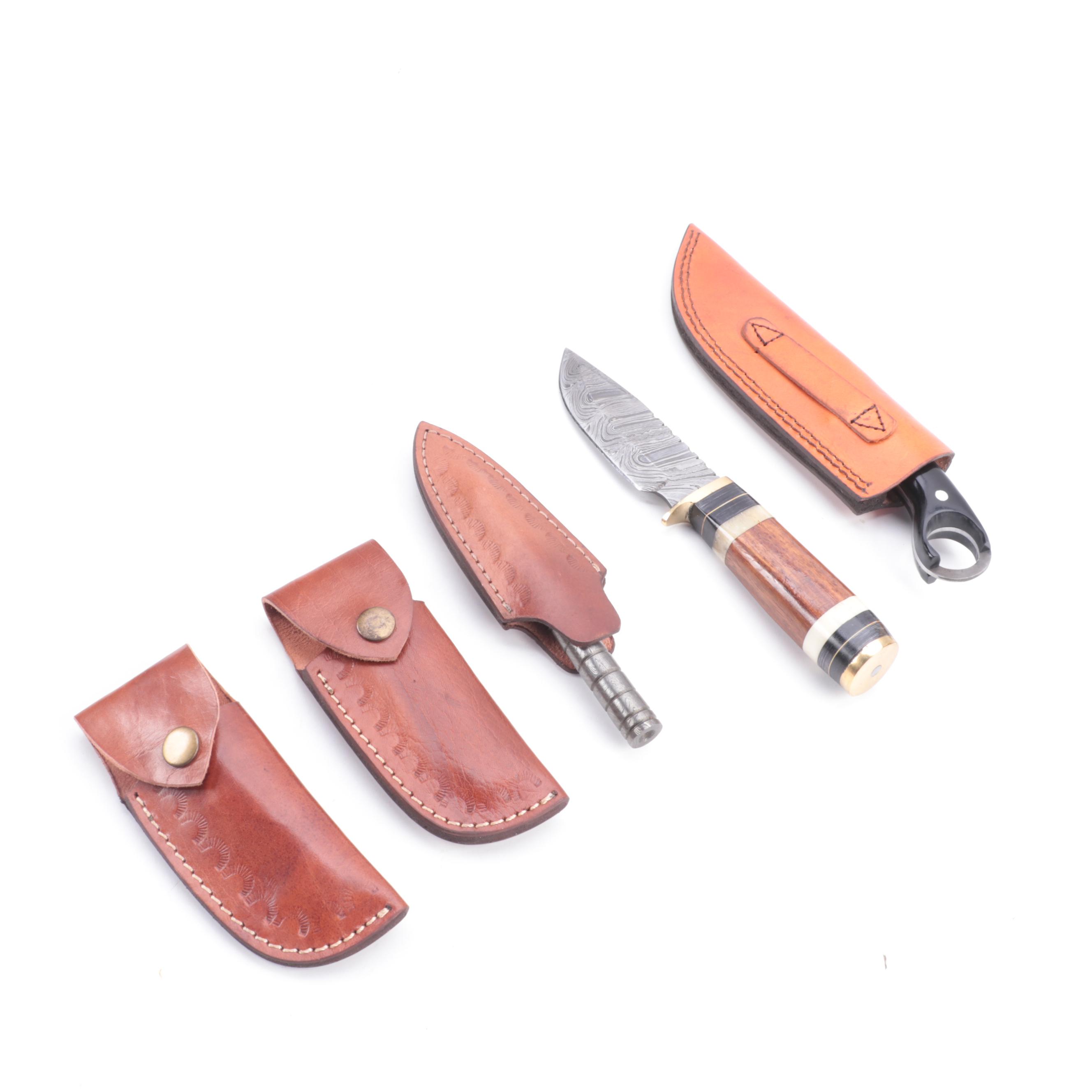 Demascus Steel Tri-Dagger, Pocket and Fixed Blade Knives with Leather Scabbards